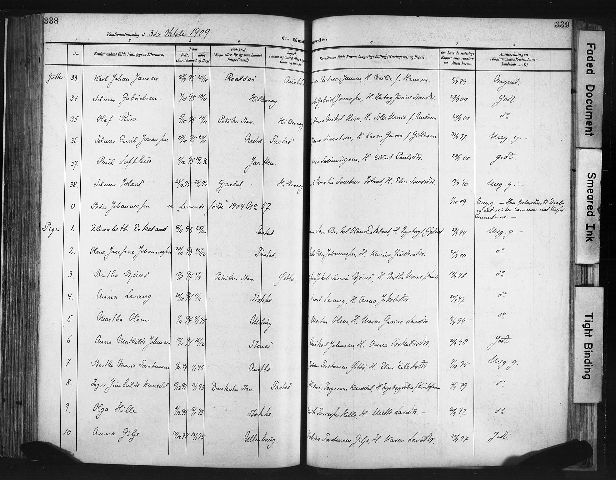 Hetland sokneprestkontor, AV/SAST-A-101826/30/30BA/L0013: Parish register (official) no. A 13, 1904-1918, p. 338-339