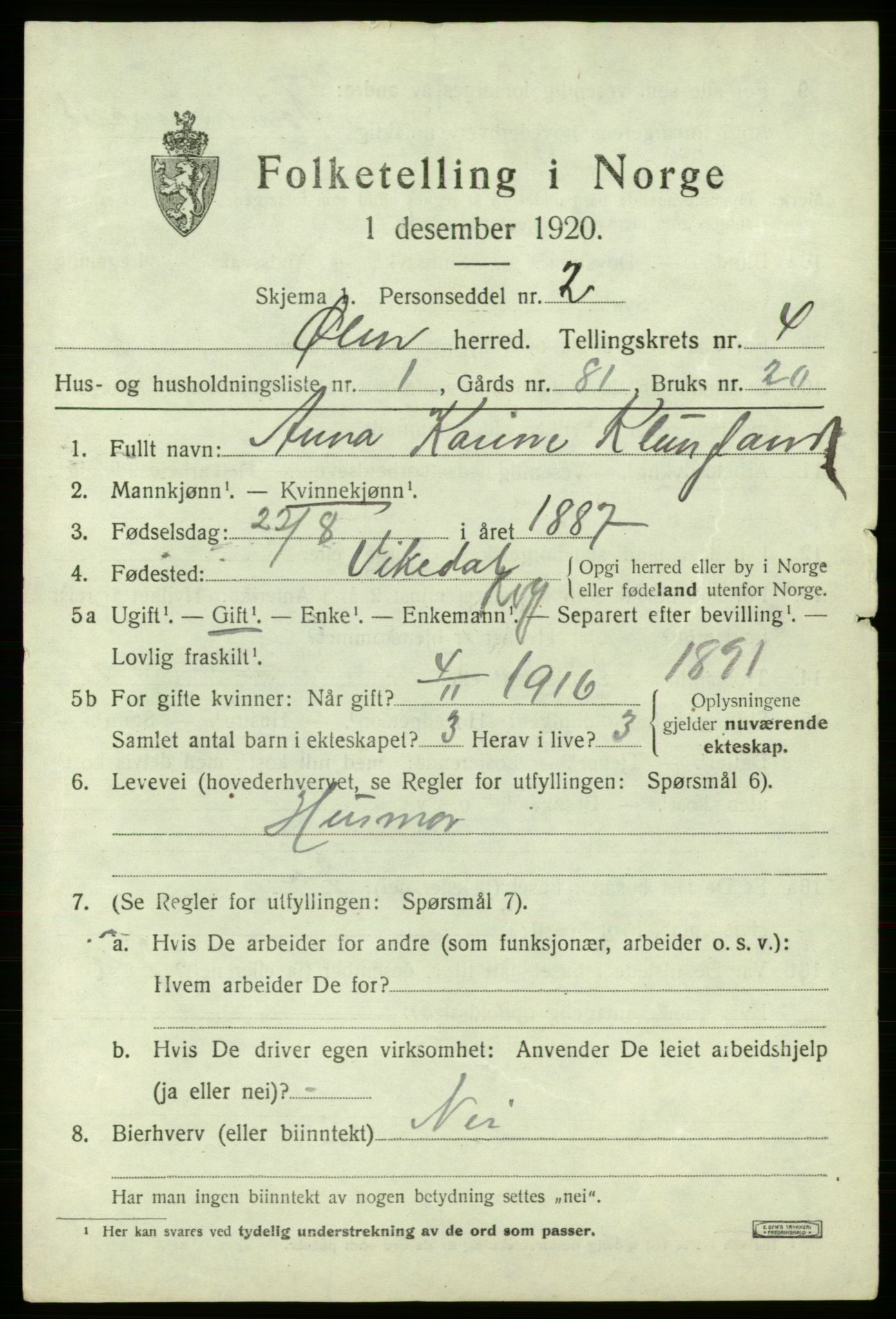 SAB, 1920 census for Ølen, 1920, p. 1905