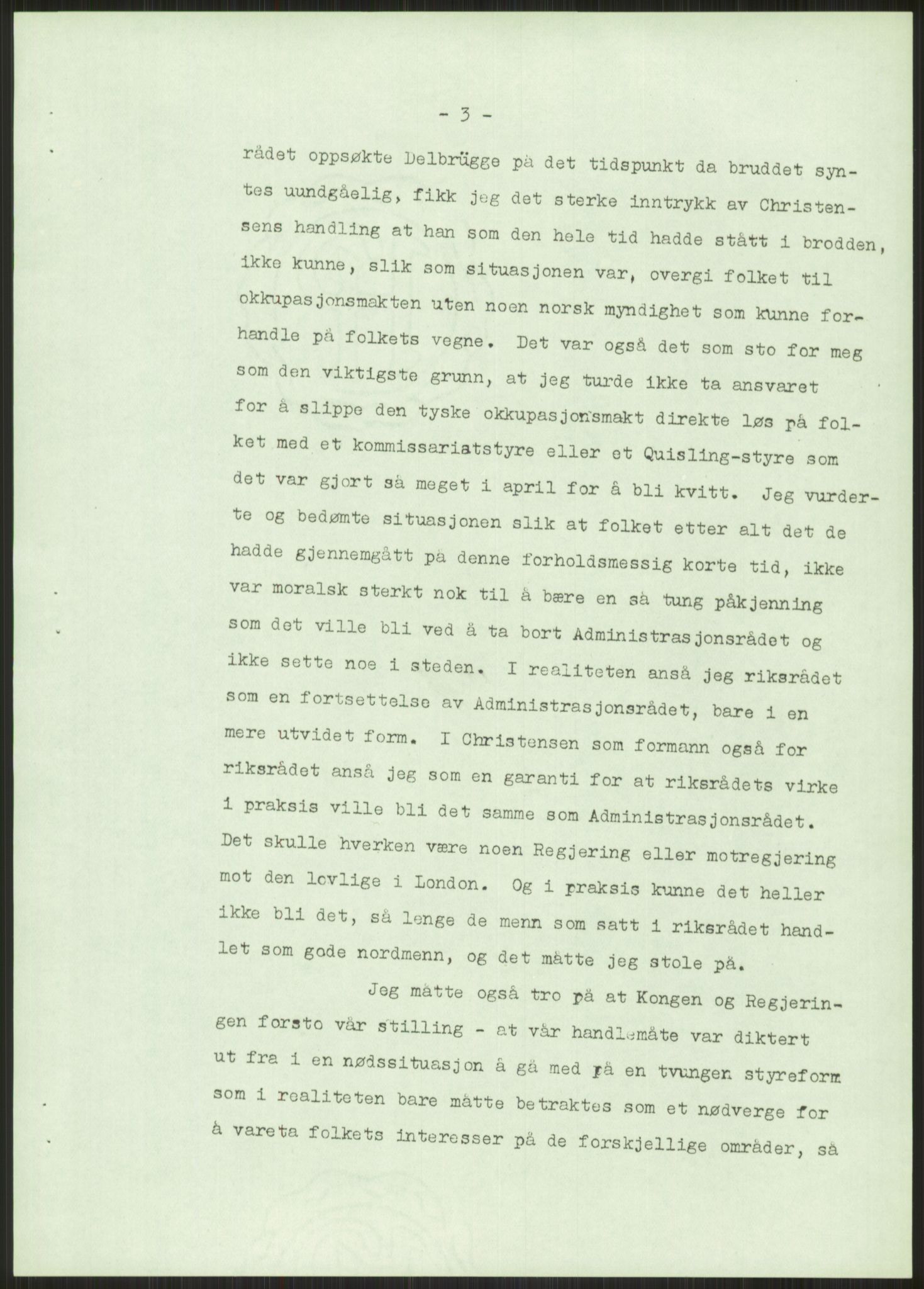 Undersøkelseskommisjonen av 1945, AV/RA-S-1566/D/Db/L0023: Regjeringskonferanse - Riksrådsforhandlingene, 1945-1947, p. 1181