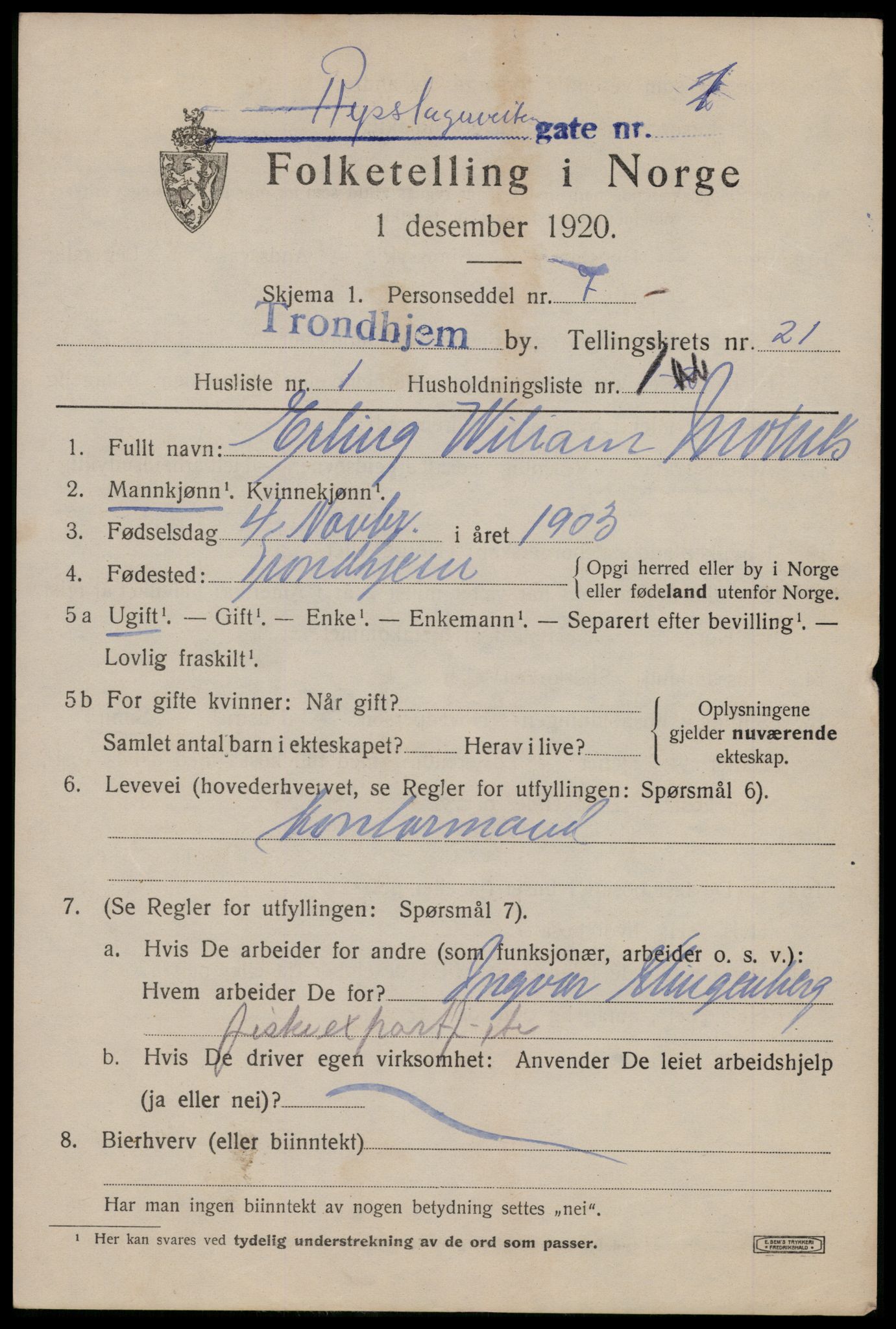 SAT, 1920 census for Trondheim, 1920, p. 61048