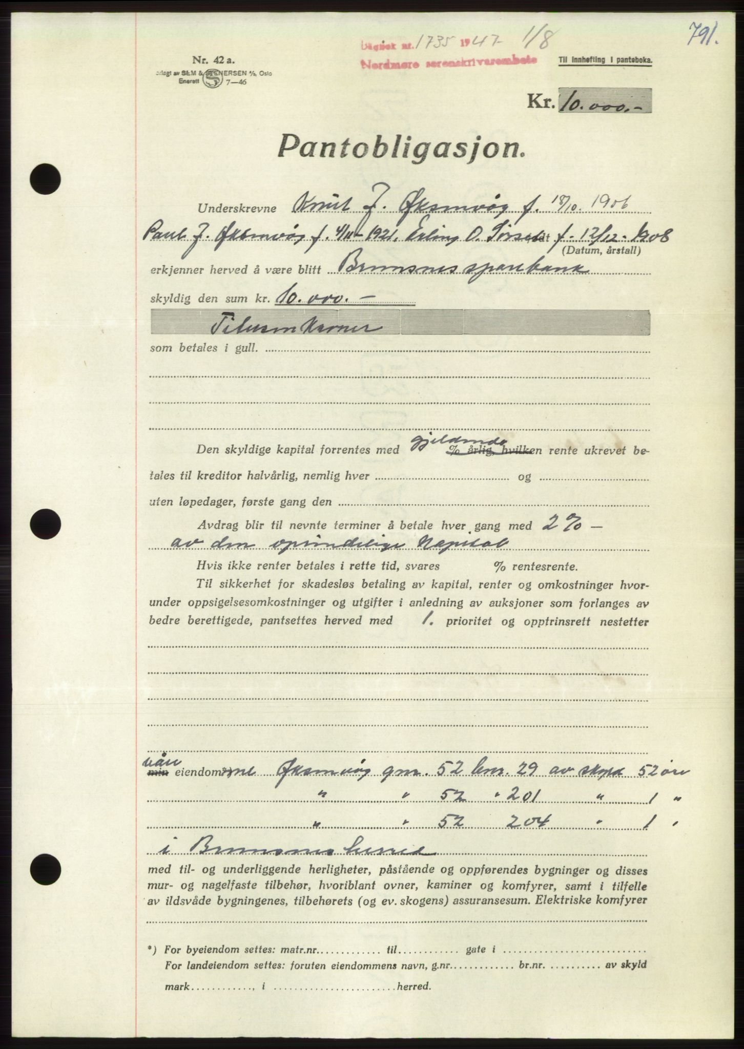 Nordmøre sorenskriveri, AV/SAT-A-4132/1/2/2Ca: Mortgage book no. B96, 1947-1947, Diary no: : 1735/1947