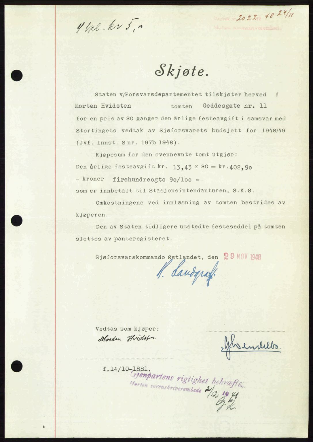 Horten sorenskriveri, AV/SAKO-A-133/G/Ga/Gaa/L0011: Mortgage book no. A-11, 1948-1948, Diary no: : 2022/1948