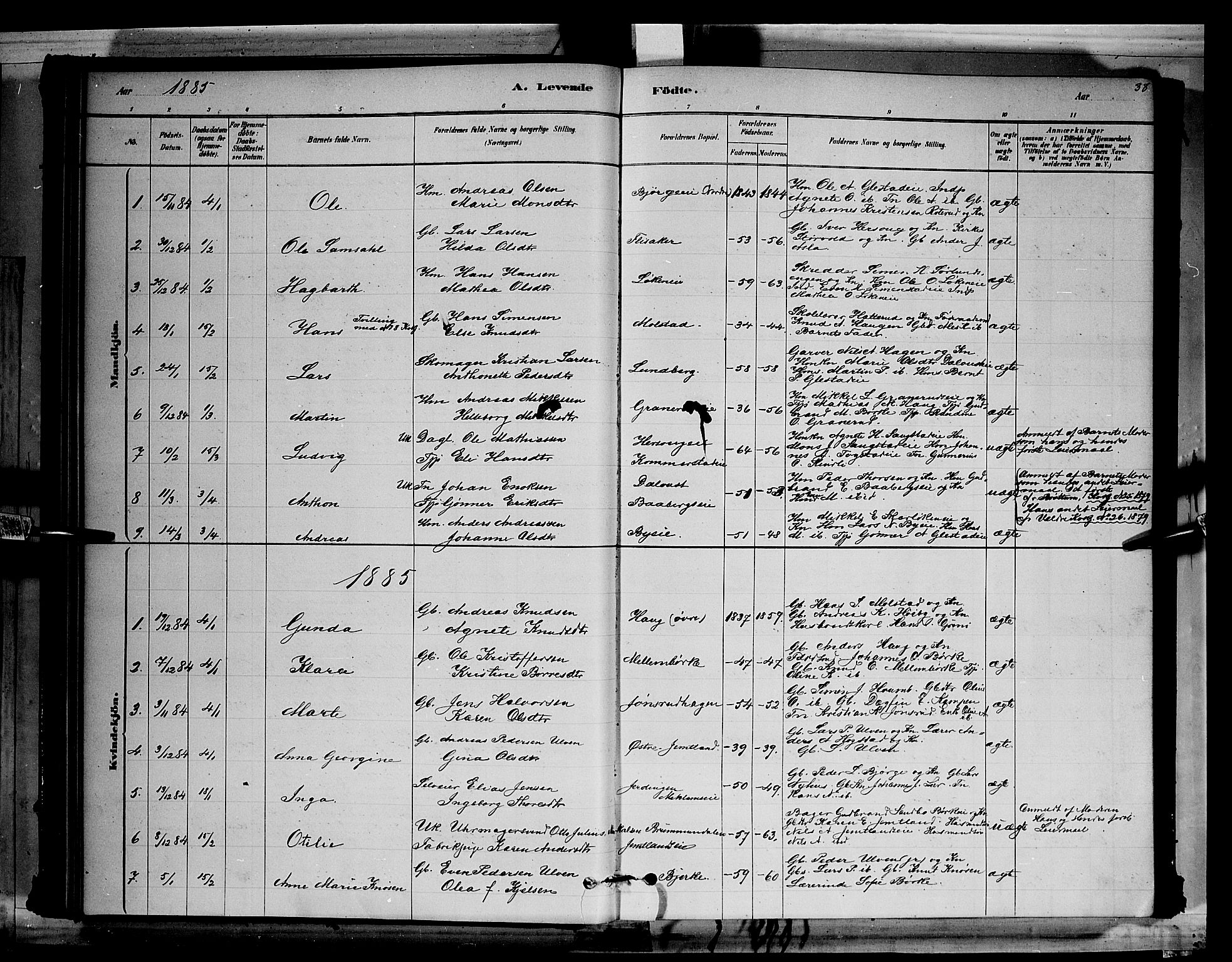 Ringsaker prestekontor, SAH/PREST-014/L/La/L0011: Parish register (copy) no. 11, 1879-1890, p. 38