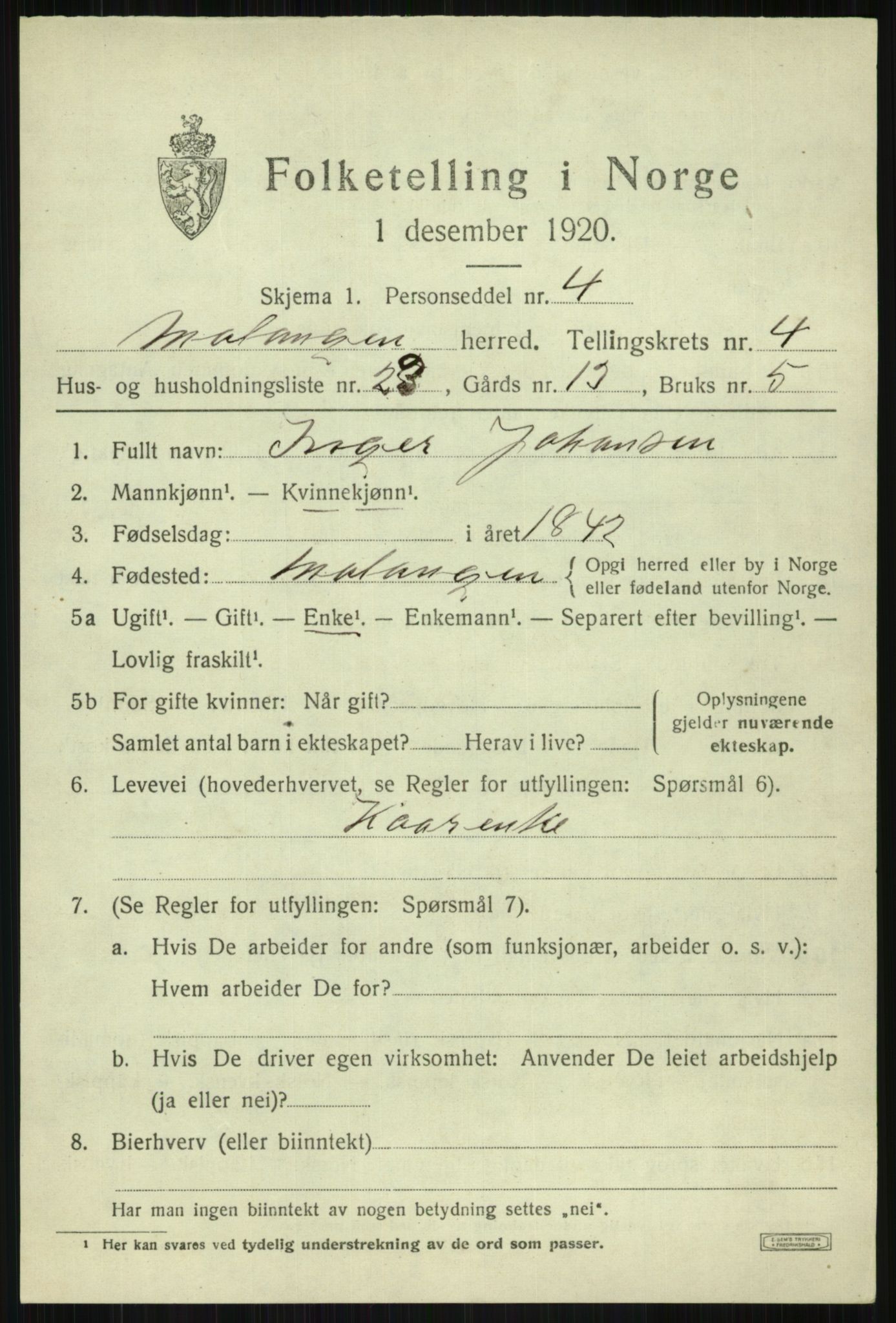 SATØ, 1920 census for Malangen, 1920, p. 1890