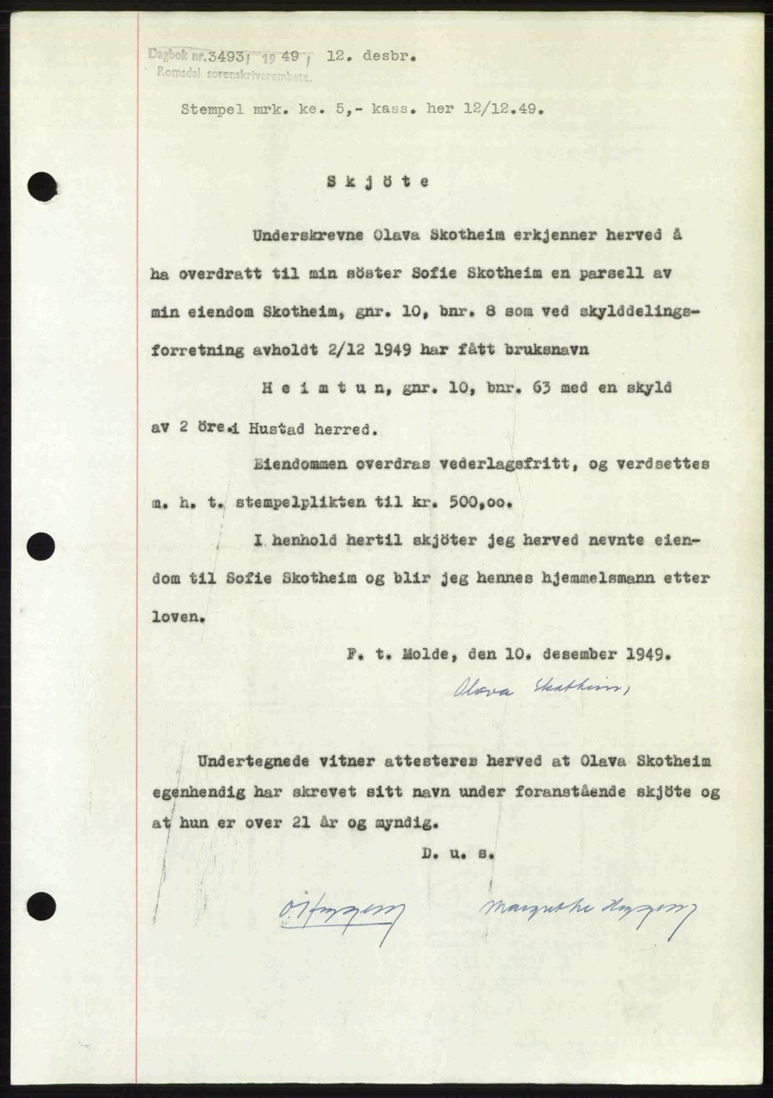 Romsdal sorenskriveri, AV/SAT-A-4149/1/2/2C: Mortgage book no. A31, 1949-1949, Diary no: : 3493/1949