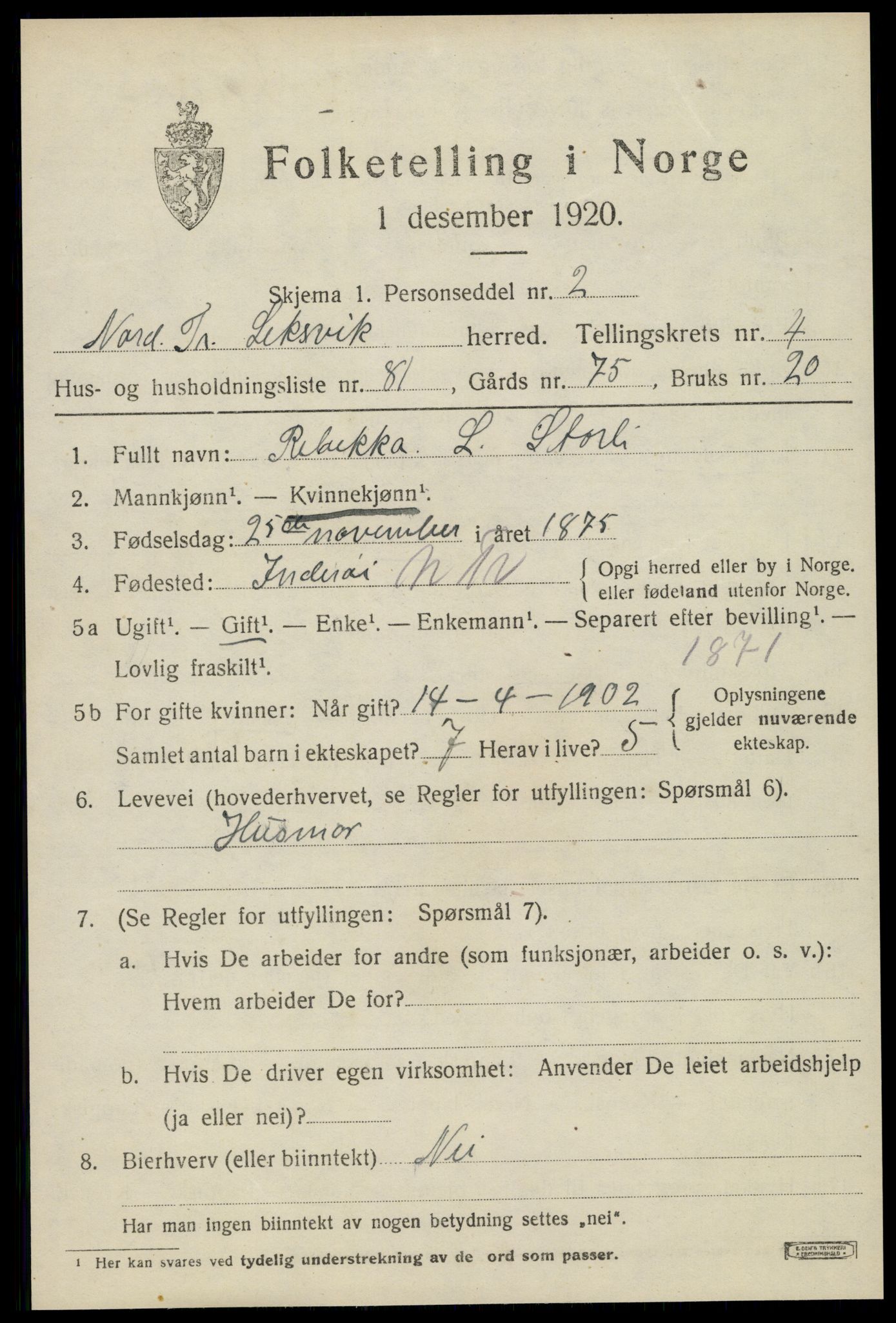 SAT, 1920 census for Leksvik, 1920, p. 4542