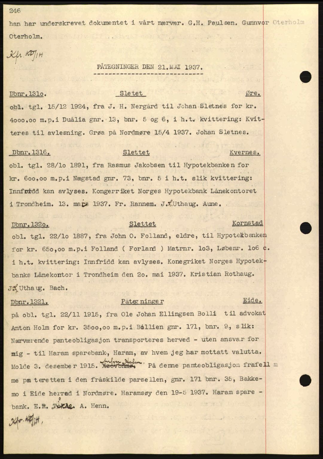 Nordmøre sorenskriveri, AV/SAT-A-4132/1/2/2Ca: Mortgage book no. C80, 1936-1939, Diary no: : 1310/1937