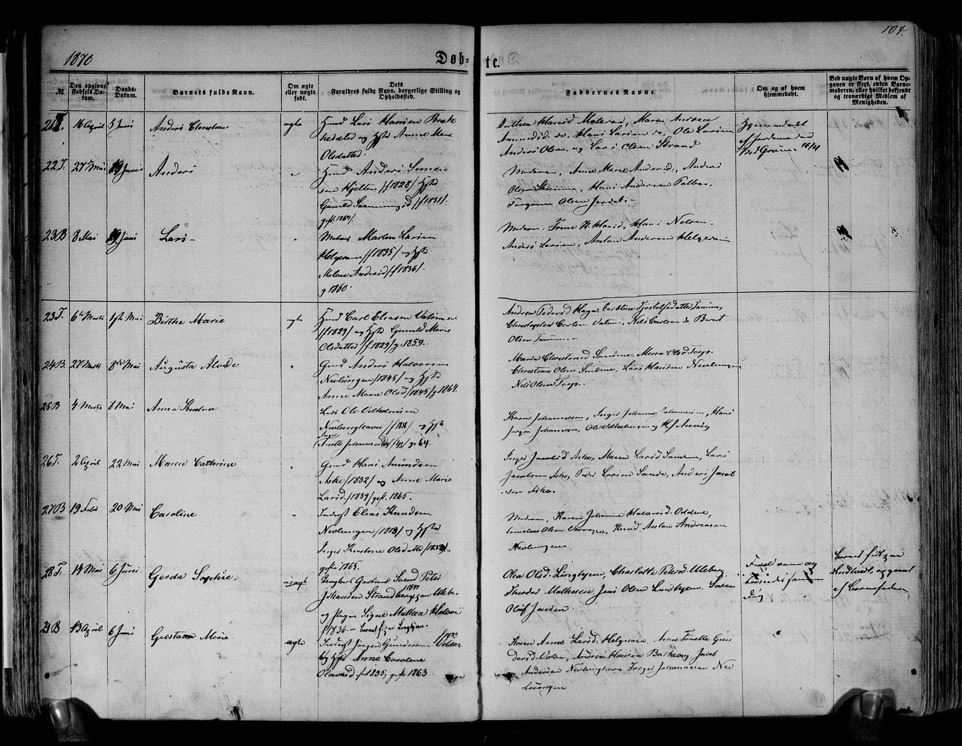 Brunlanes kirkebøker, AV/SAKO-A-342/F/Fa/L0005: Parish register (official) no. I 5, 1862-1877, p. 104