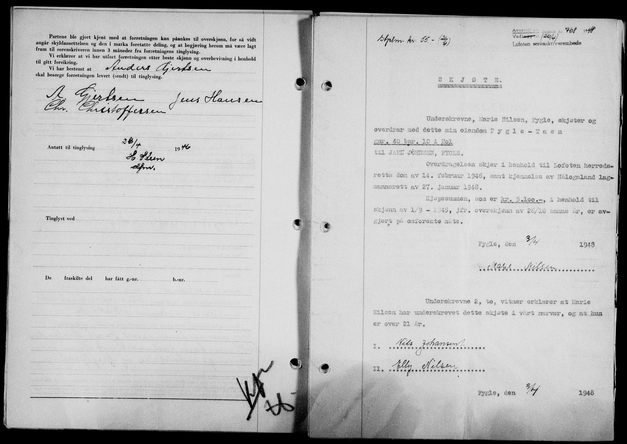 Lofoten sorenskriveri, SAT/A-0017/1/2/2C/L0018a: Mortgage book no. 18a, 1948-1948, Diary no: : 768/1948