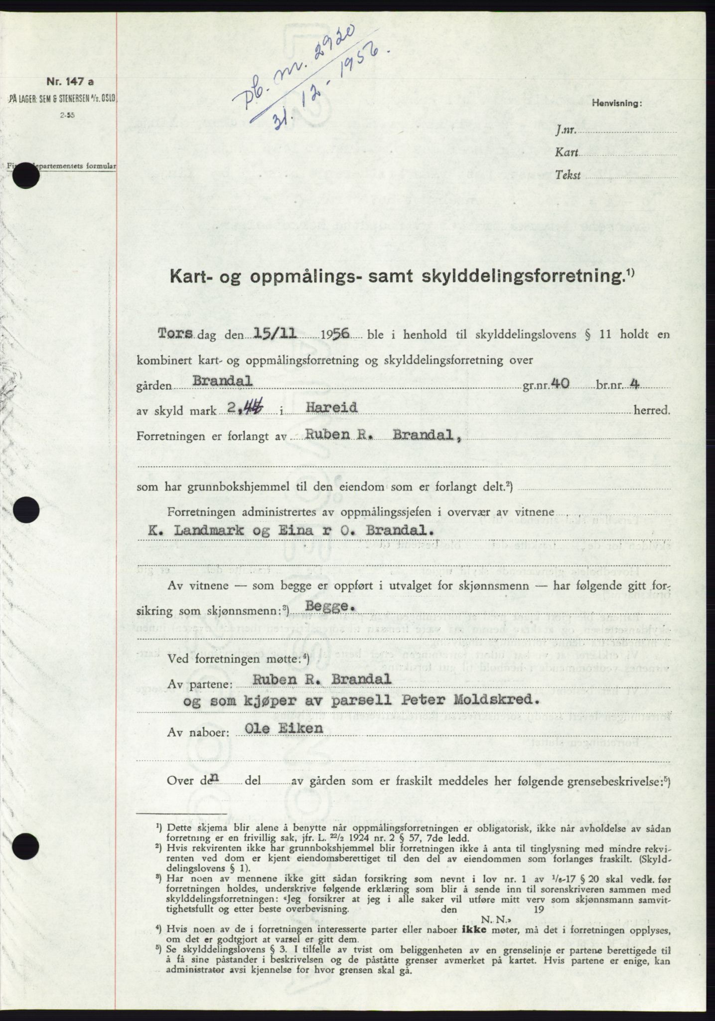 Søre Sunnmøre sorenskriveri, AV/SAT-A-4122/1/2/2C/L0105: Mortgage book no. 31A, 1956-1957, Diary no: : 2920/1956