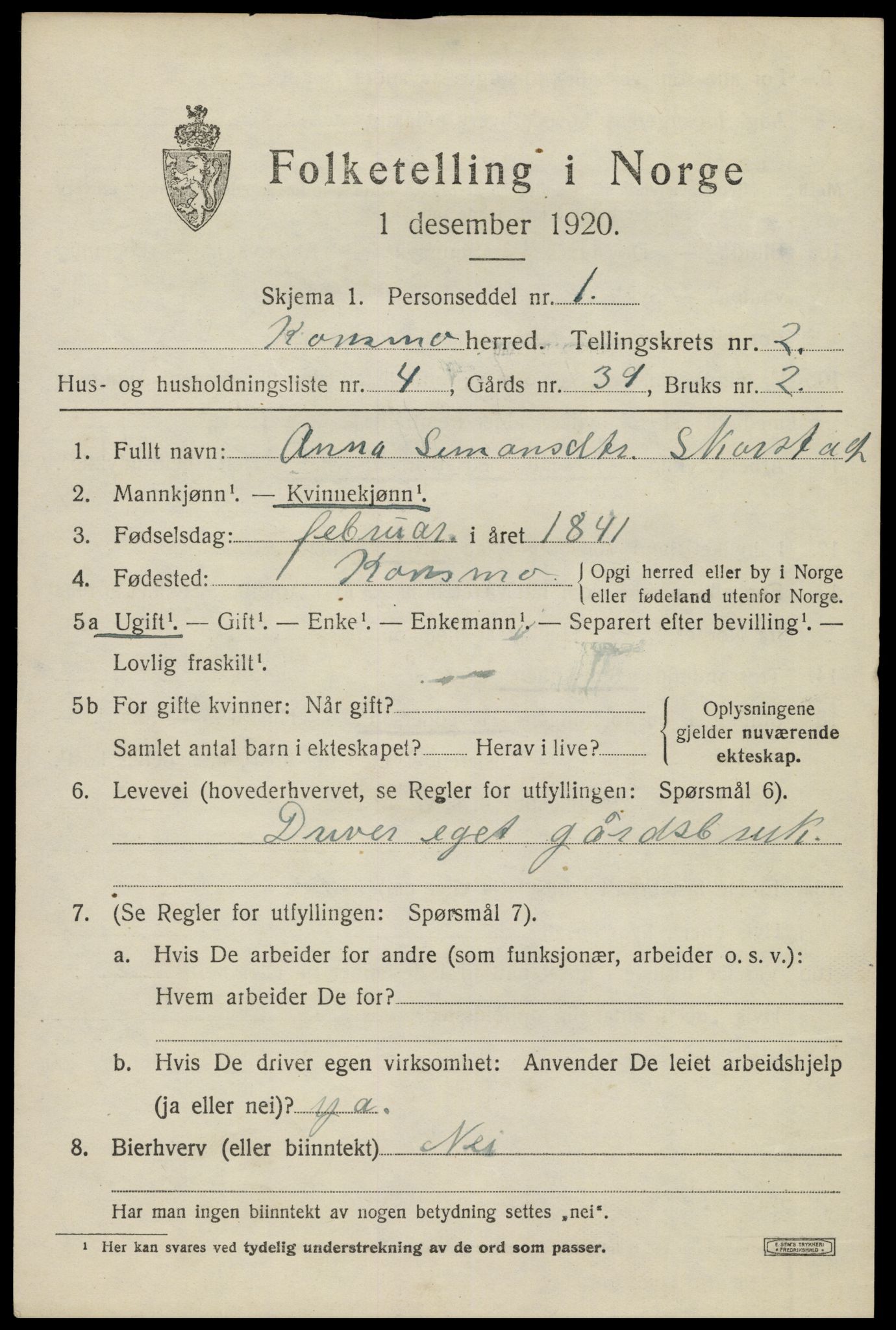 SAK, 1920 census for Konsmo, 1920, p. 996