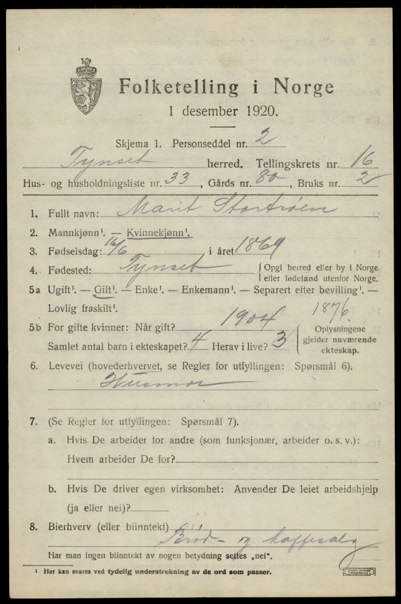 SAH, 1920 census for Tynset, 1920, p. 10046