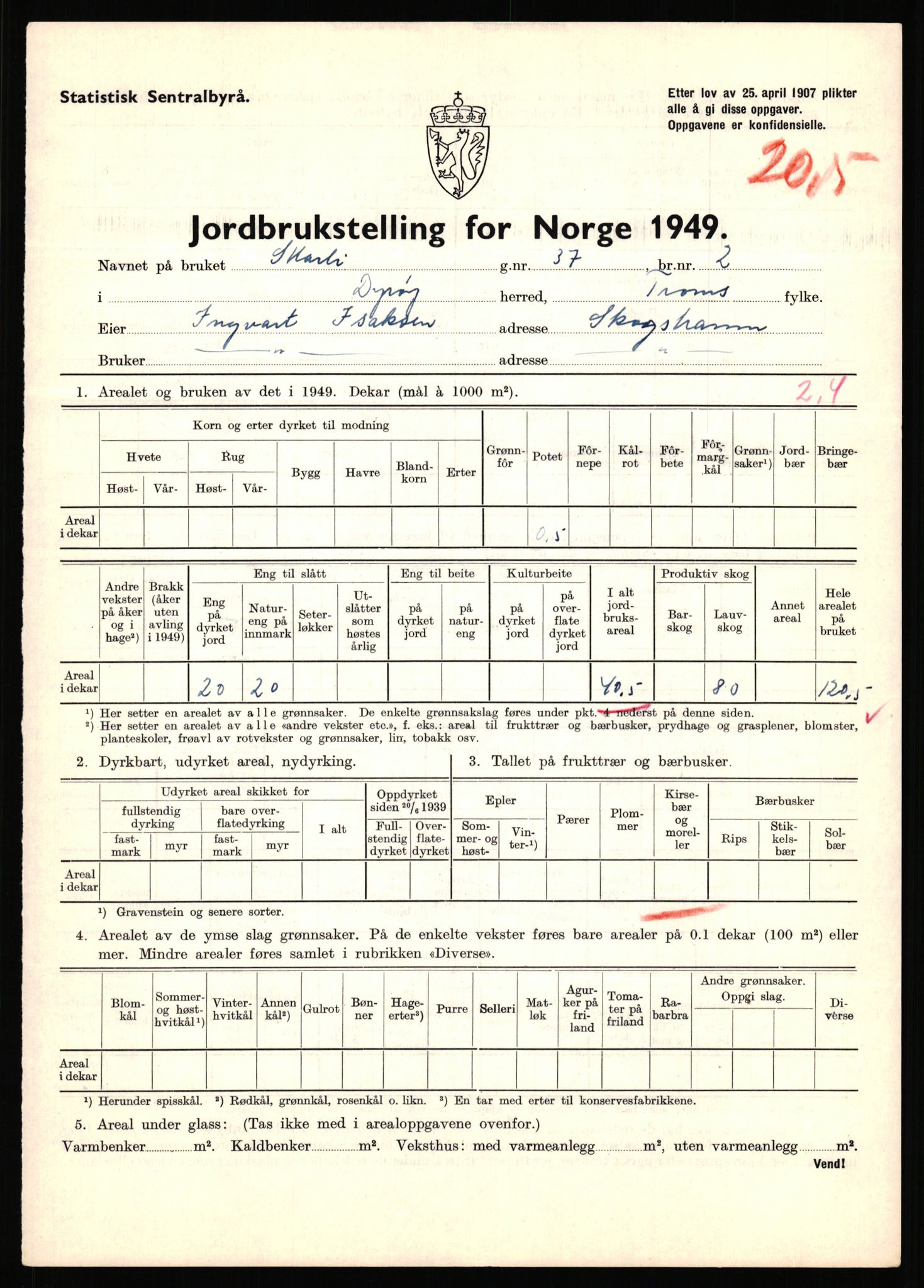 Statistisk sentralbyrå, Næringsøkonomiske emner, Jordbruk, skogbruk, jakt, fiske og fangst, AV/RA-S-2234/G/Gc/L0440: Troms: Sørreisa og Dyrøy, 1949, p. 1571