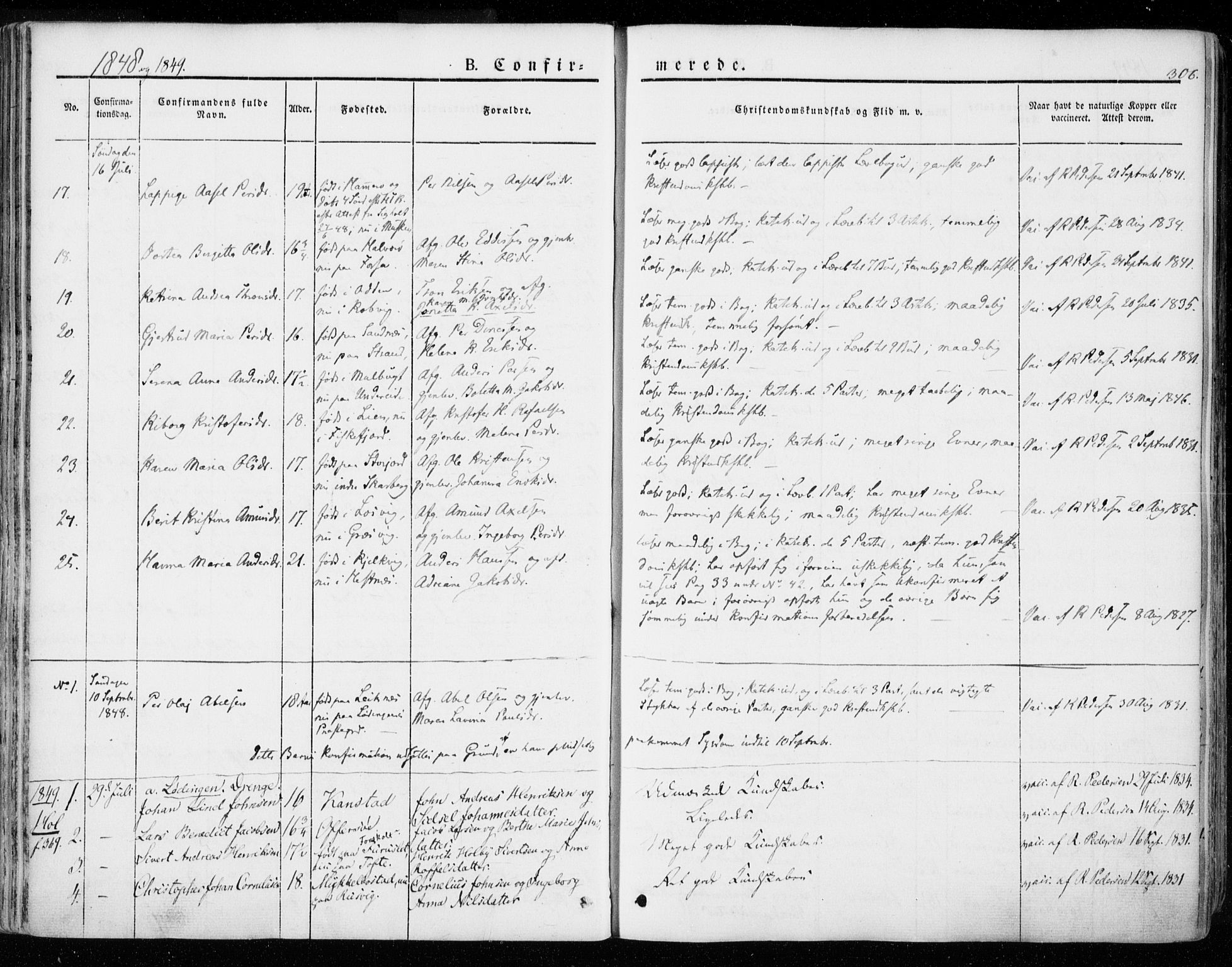 Ministerialprotokoller, klokkerbøker og fødselsregistre - Nordland, SAT/A-1459/872/L1033: Parish register (official) no. 872A08, 1840-1863, p. 306