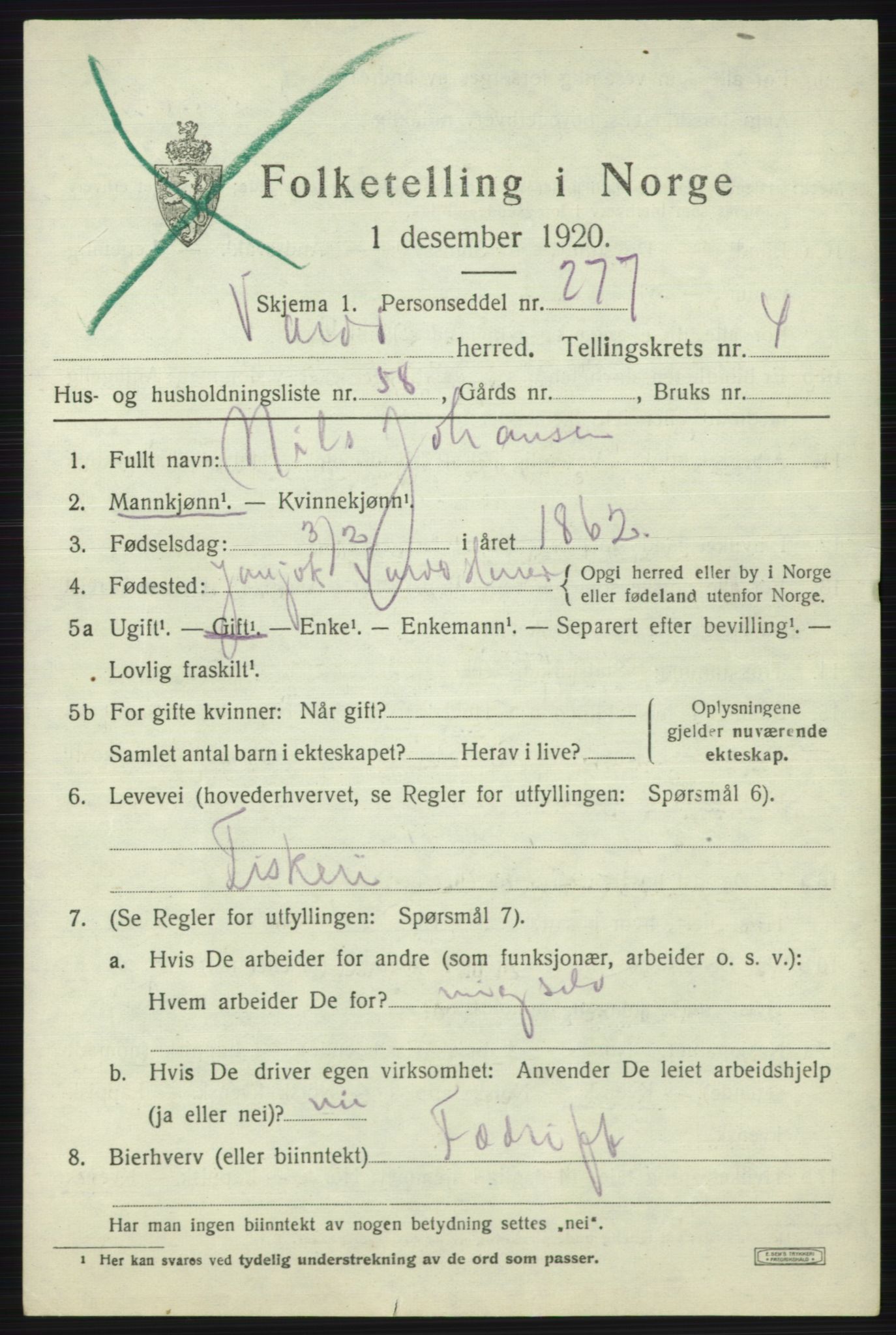 SATØ, 1920 census for Vardø rural district, 1920, p. 2580