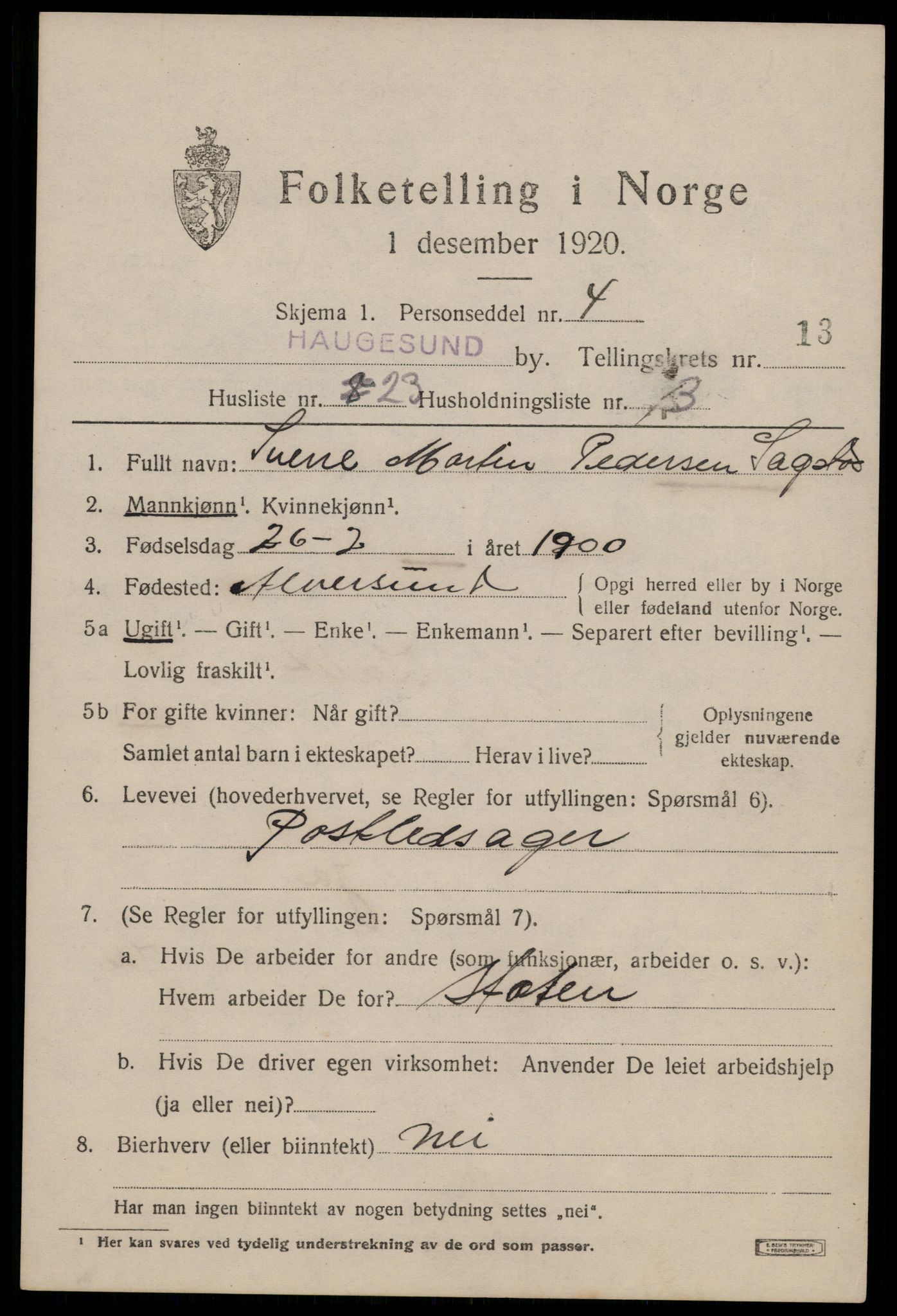 SAST, 1920 census for Haugesund, 1920, p. 41911