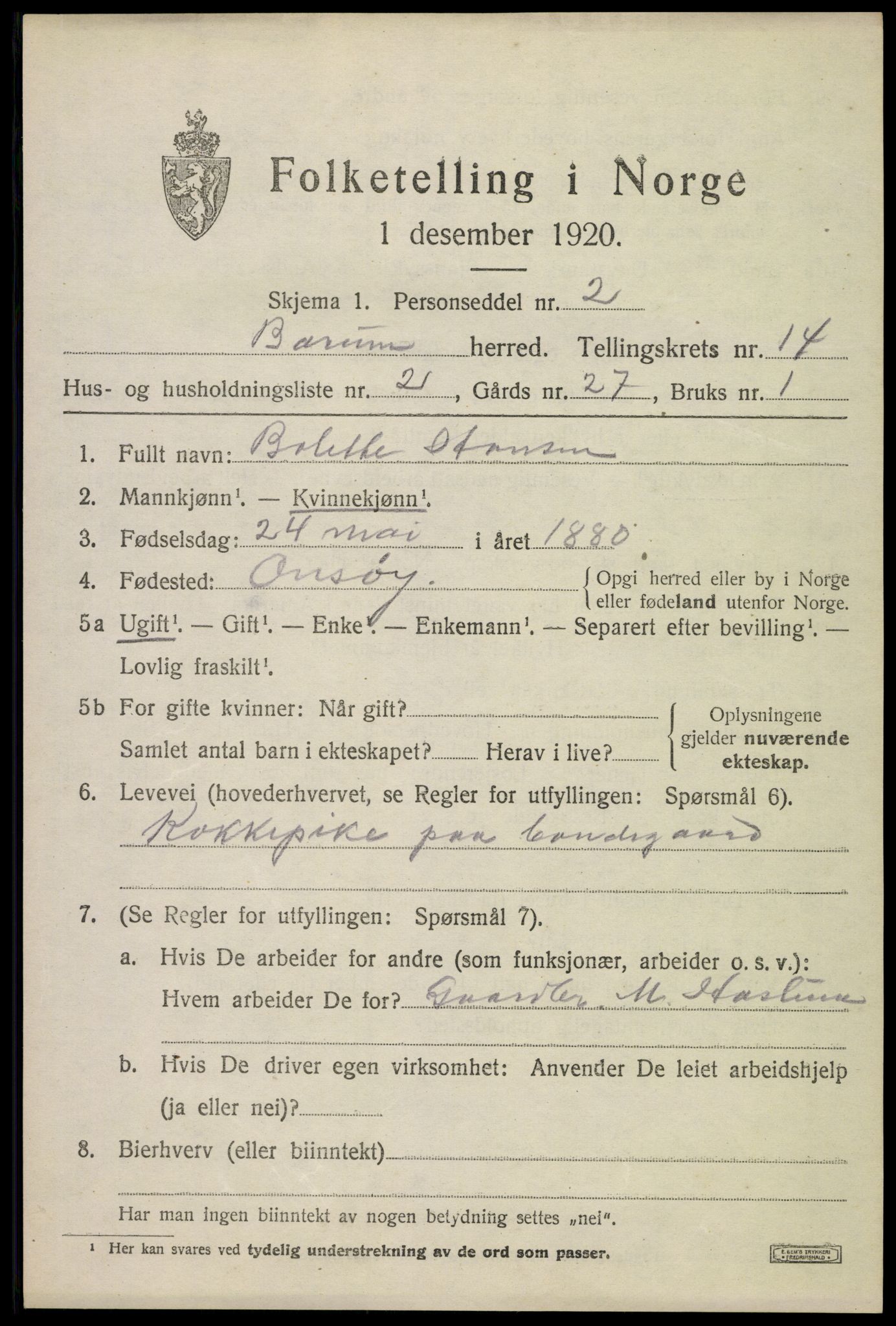 SAO, 1920 census for Bærum, 1920, p. 41142