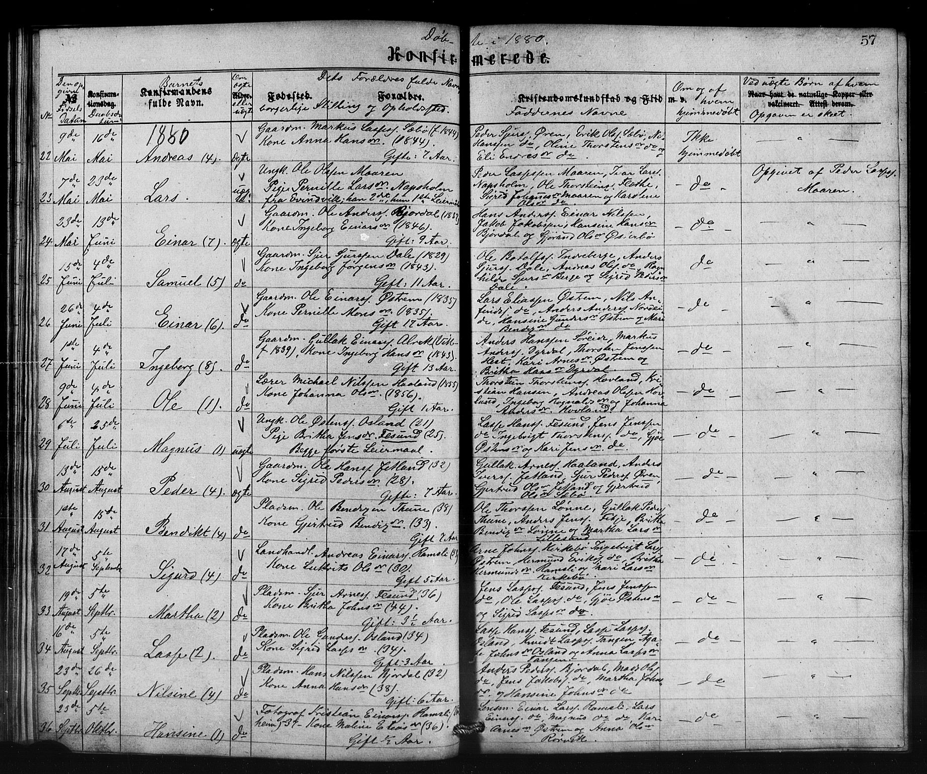 Lavik sokneprestembete, AV/SAB-A-80901: Parish register (copy) no. B 2, 1870-1881, p. 57