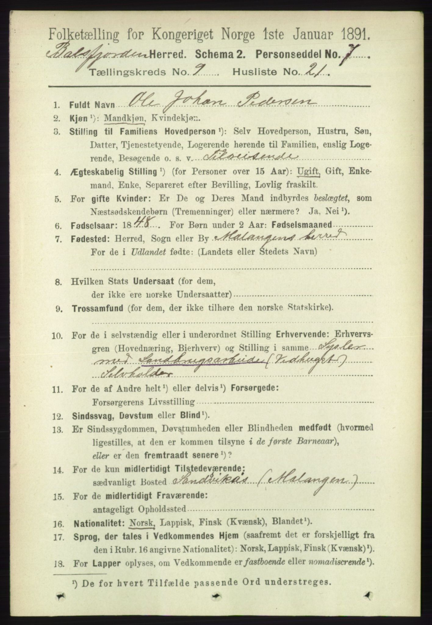 RA, 1891 census for 1933 Balsfjord, 1891, p. 3282