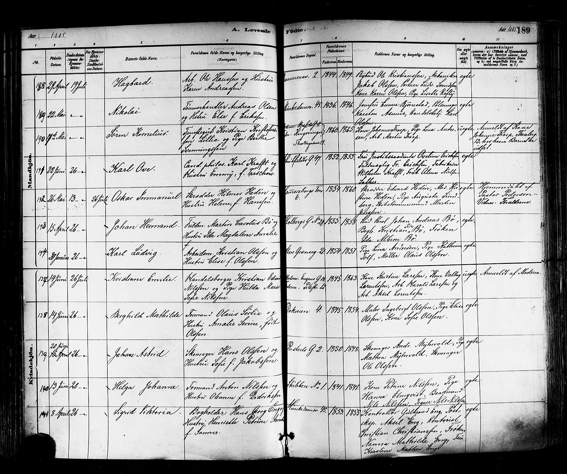 Trefoldighet prestekontor Kirkebøker, SAO/A-10882/F/Fa/L0005: Parish register (official) no. I 5, 1881-1891, p. 189