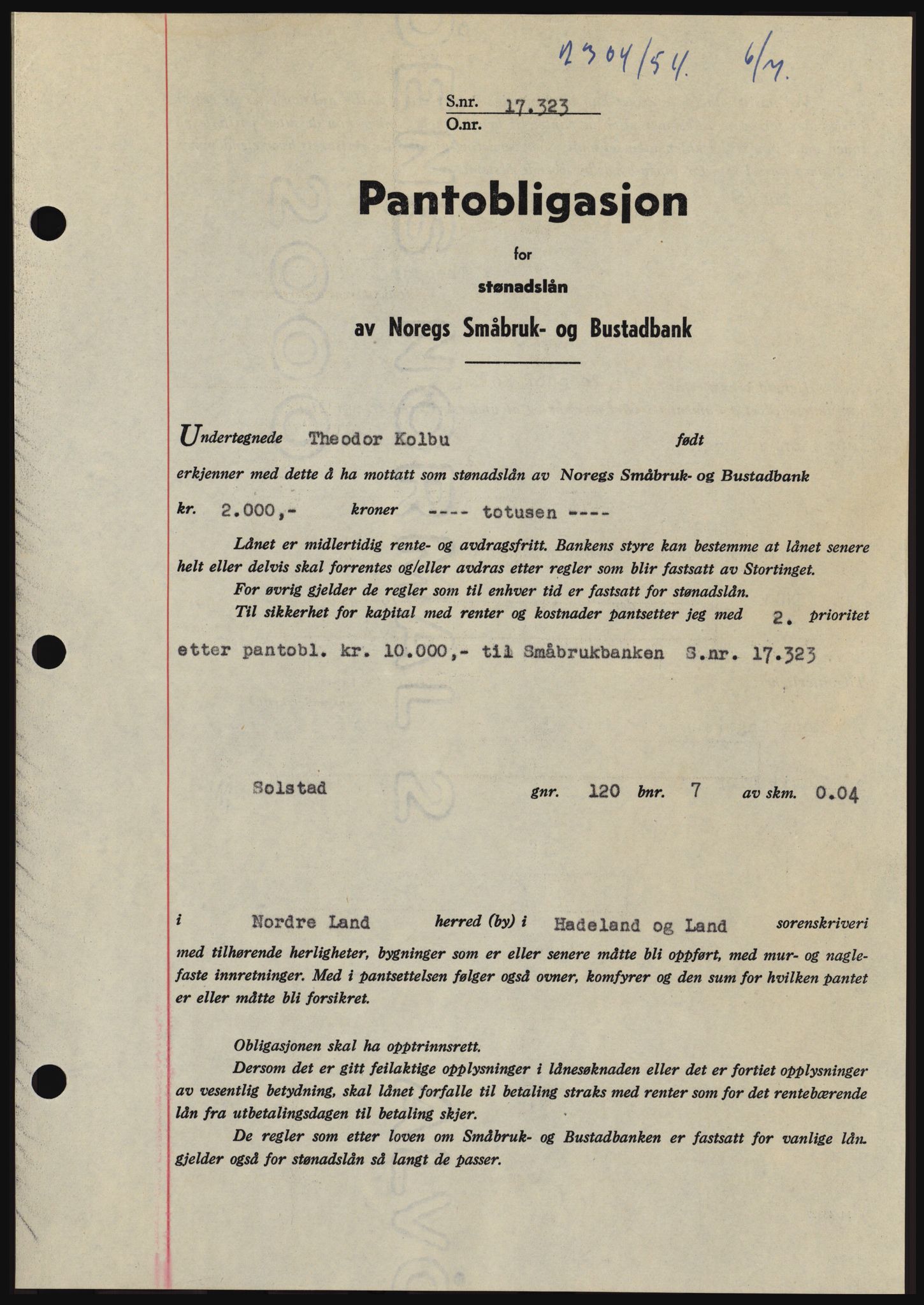 Hadeland og Land tingrett, SAH/TING-010/H/Hb/Hbc/L0030: Mortgage book no. B30, 1954-1954, Diary no: : 2304/1954