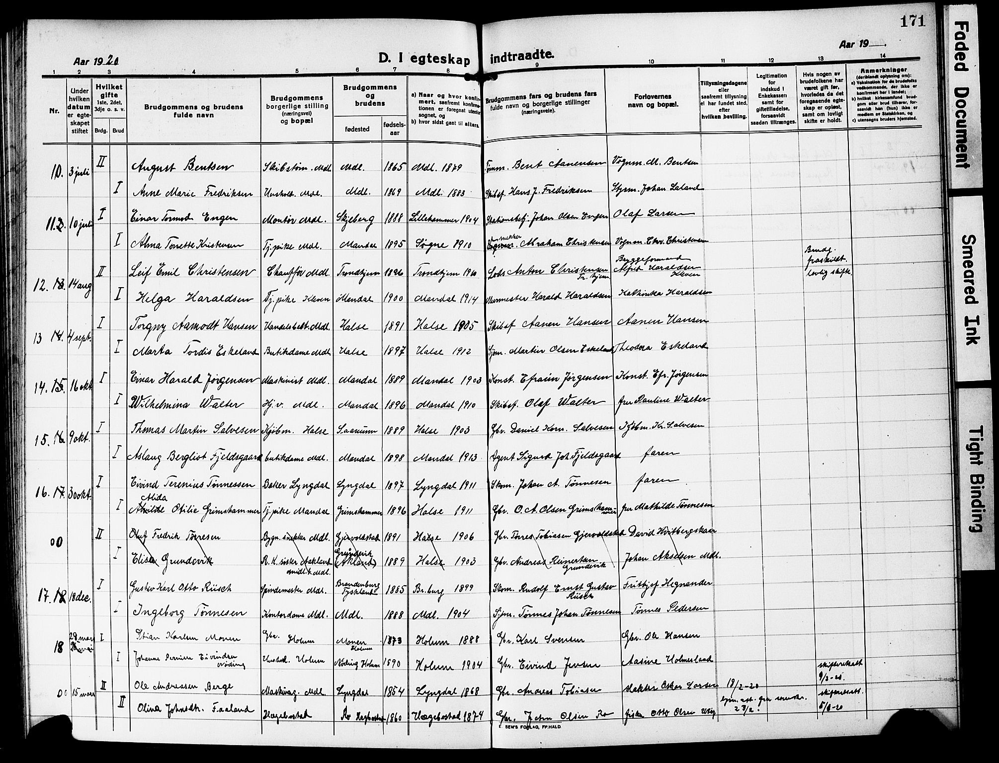 Mandal sokneprestkontor, AV/SAK-1111-0030/F/Fb/Fbc/L0001: Parish register (copy) no. B 1, 1918-1931, p. 171