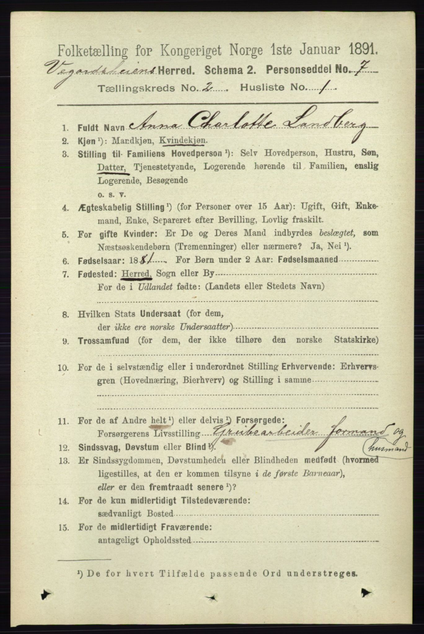 RA, 1891 census for 0912 Vegårshei, 1891, p. 364