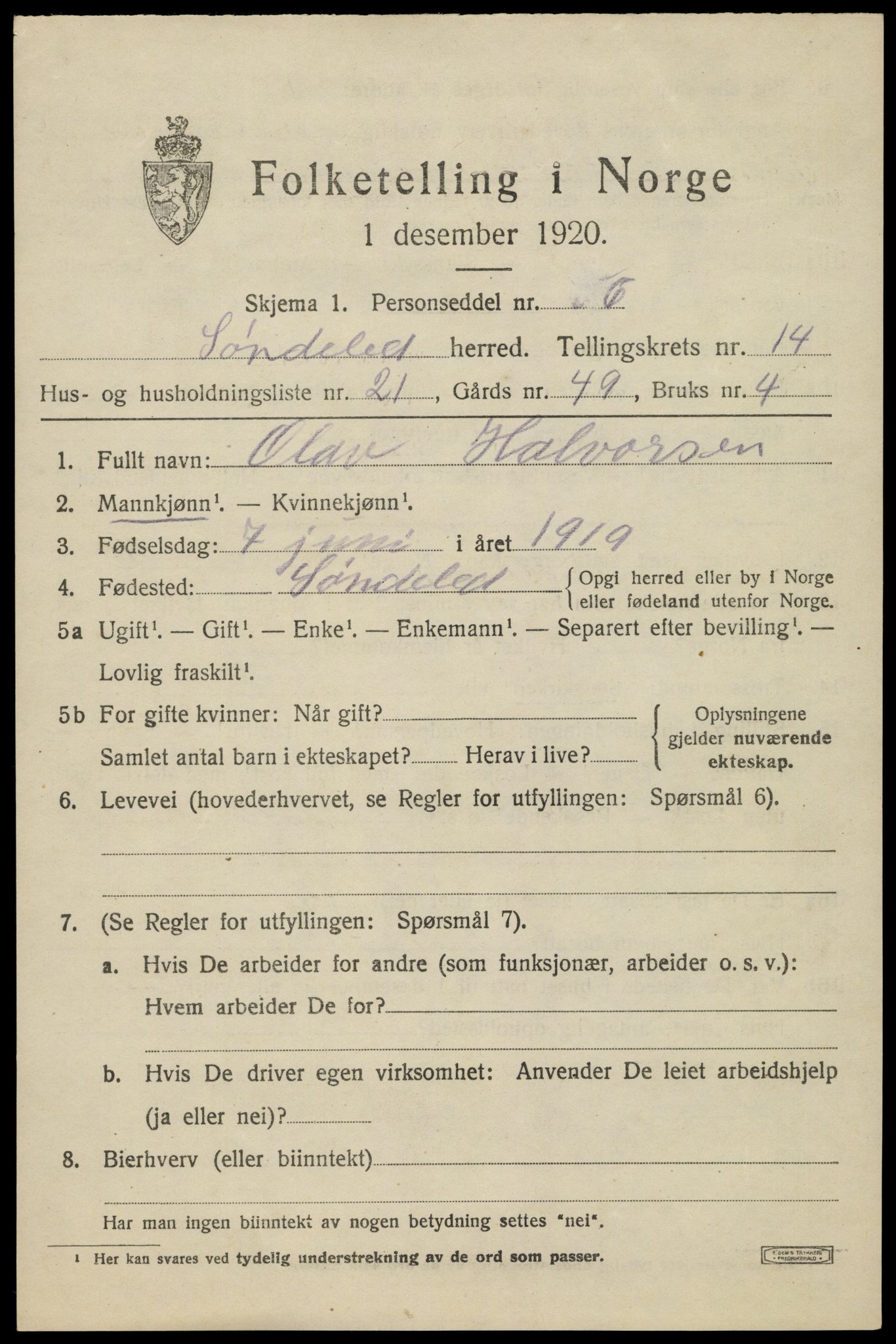 SAK, 1920 census for Søndeled, 1920, p. 6661