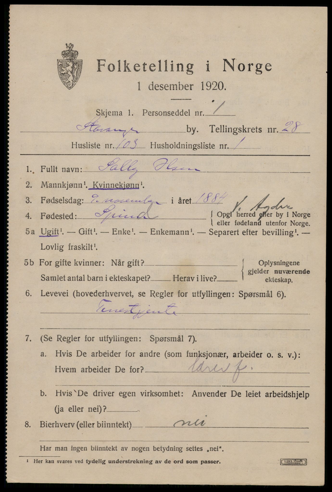 SAST, 1920 census for Stavanger, 1920, p. 82588