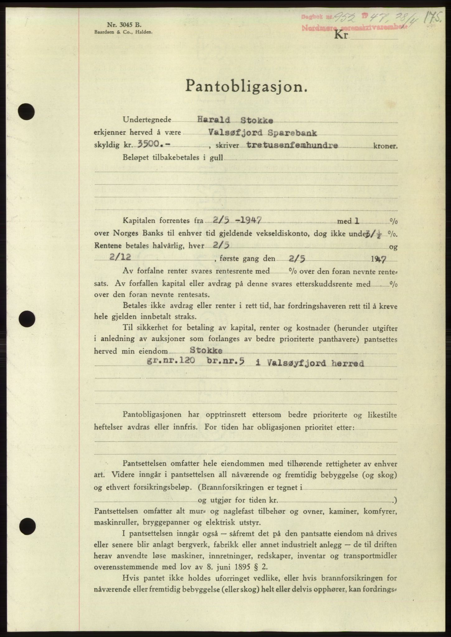 Nordmøre sorenskriveri, AV/SAT-A-4132/1/2/2Ca: Mortgage book no. B96, 1947-1947, Diary no: : 952/1947