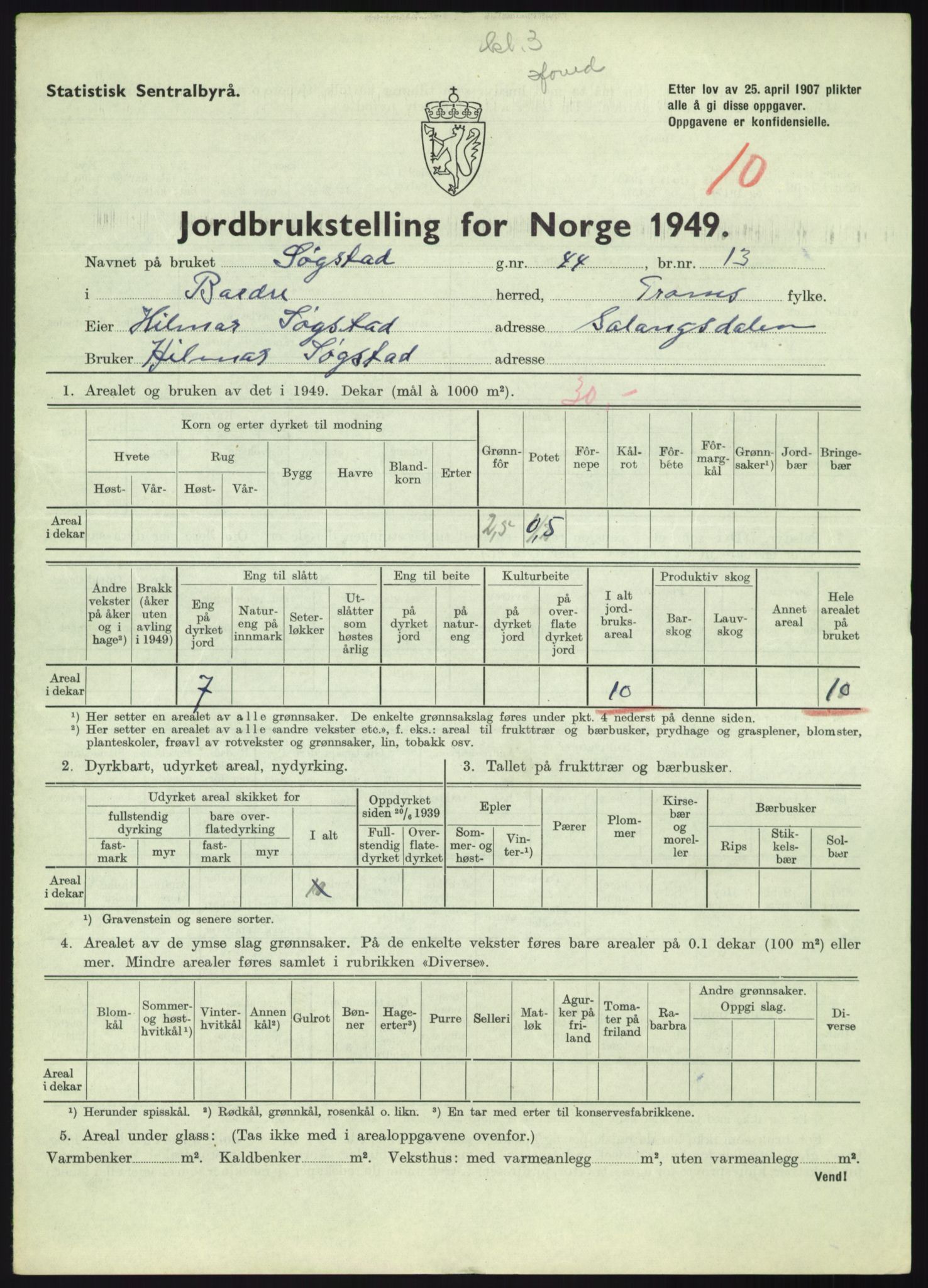 Statistisk sentralbyrå, Næringsøkonomiske emner, Jordbruk, skogbruk, jakt, fiske og fangst, AV/RA-S-2234/G/Gc/L0438: Troms: Salangen og Bardu, 1949, p. 949