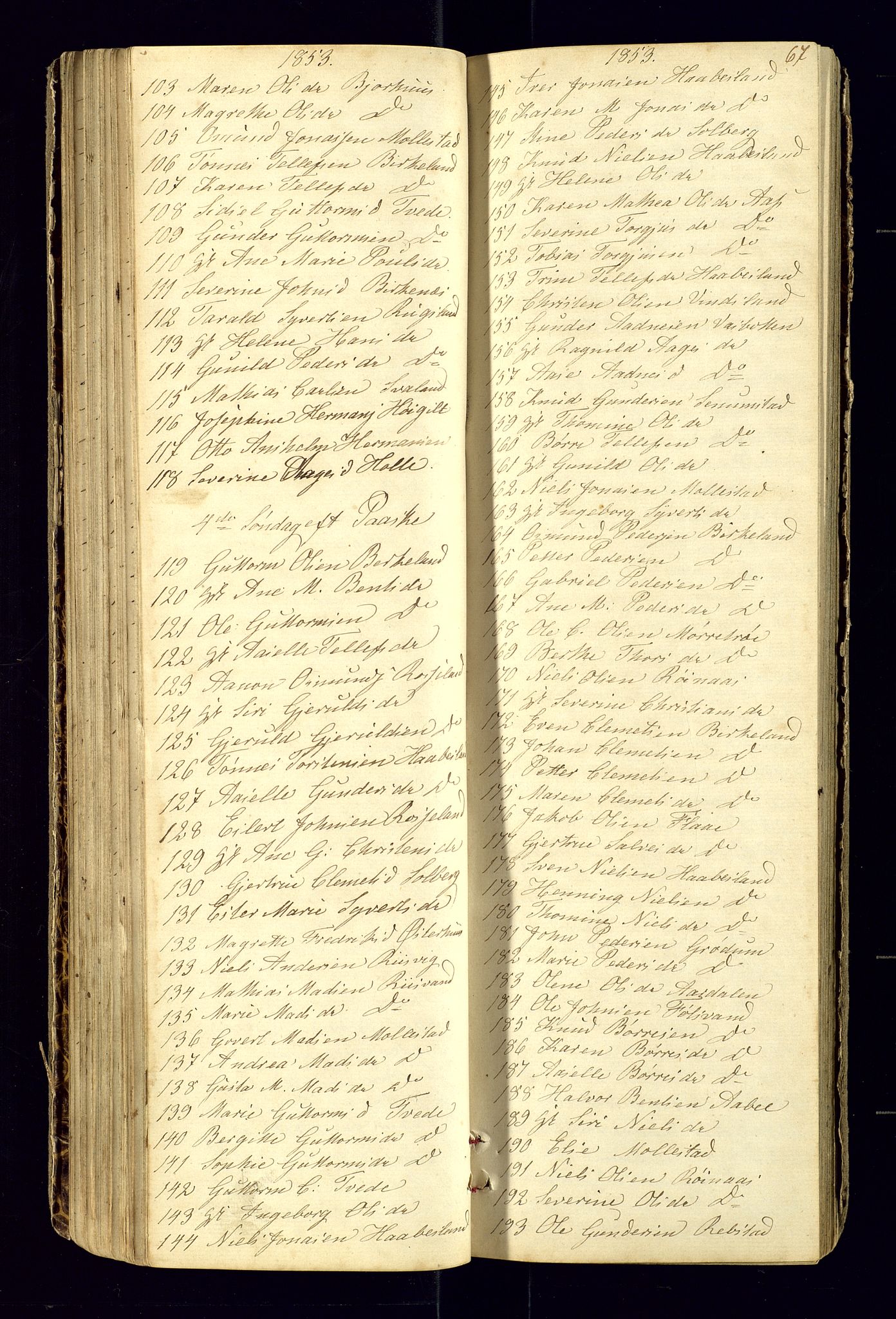 Birkenes sokneprestkontor, SAK/1111-0004/F/Fc/L0003: Communicants register no. C-3, 1849-1858, p. 67
