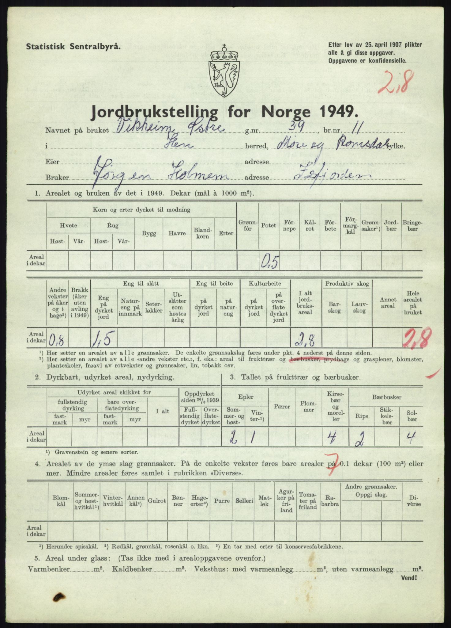 Statistisk sentralbyrå, Næringsøkonomiske emner, Jordbruk, skogbruk, jakt, fiske og fangst, AV/RA-S-2234/G/Gc/L0323: Møre og Romsdal: Grytten og Hen, 1949, p. 491