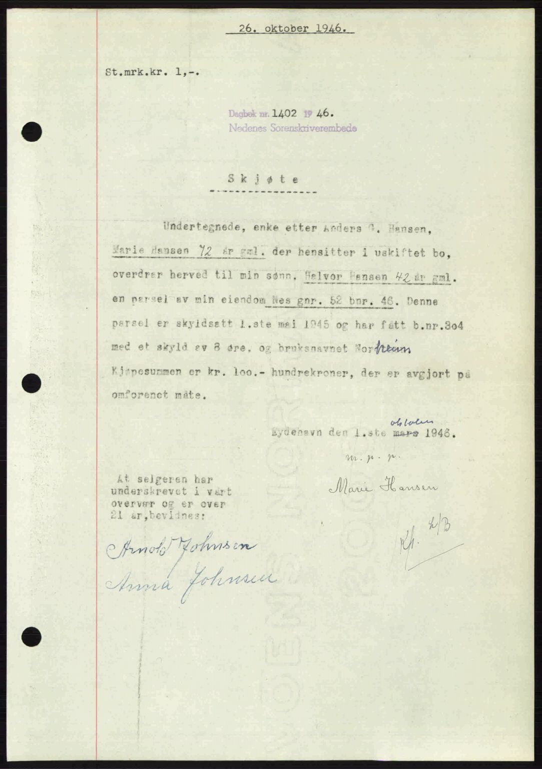 Nedenes sorenskriveri, SAK/1221-0006/G/Gb/Gba/L0056: Mortgage book no. A8, 1946-1947, Diary no: : 1402/1946