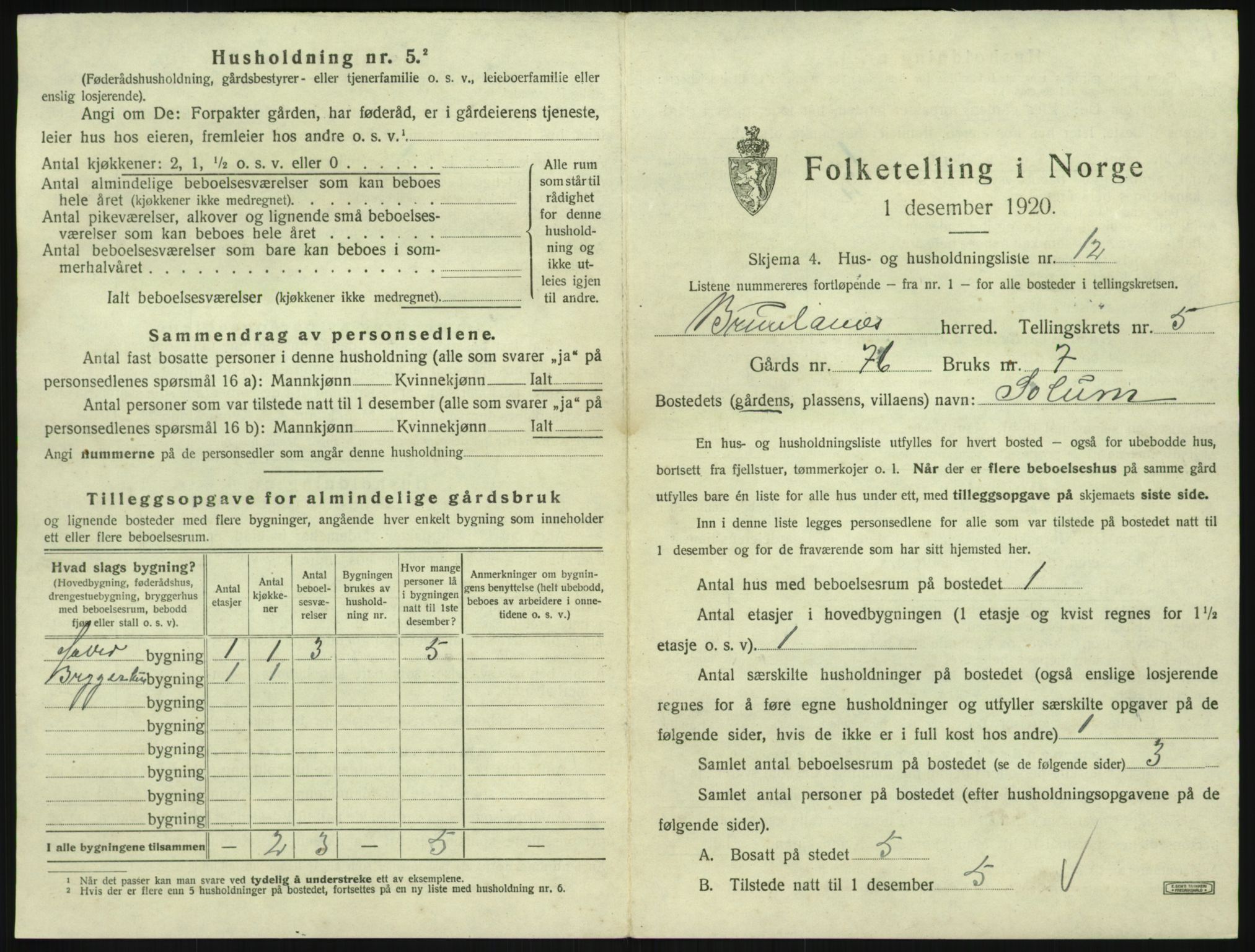 SAKO, 1920 census for Brunlanes, 1920, p. 843
