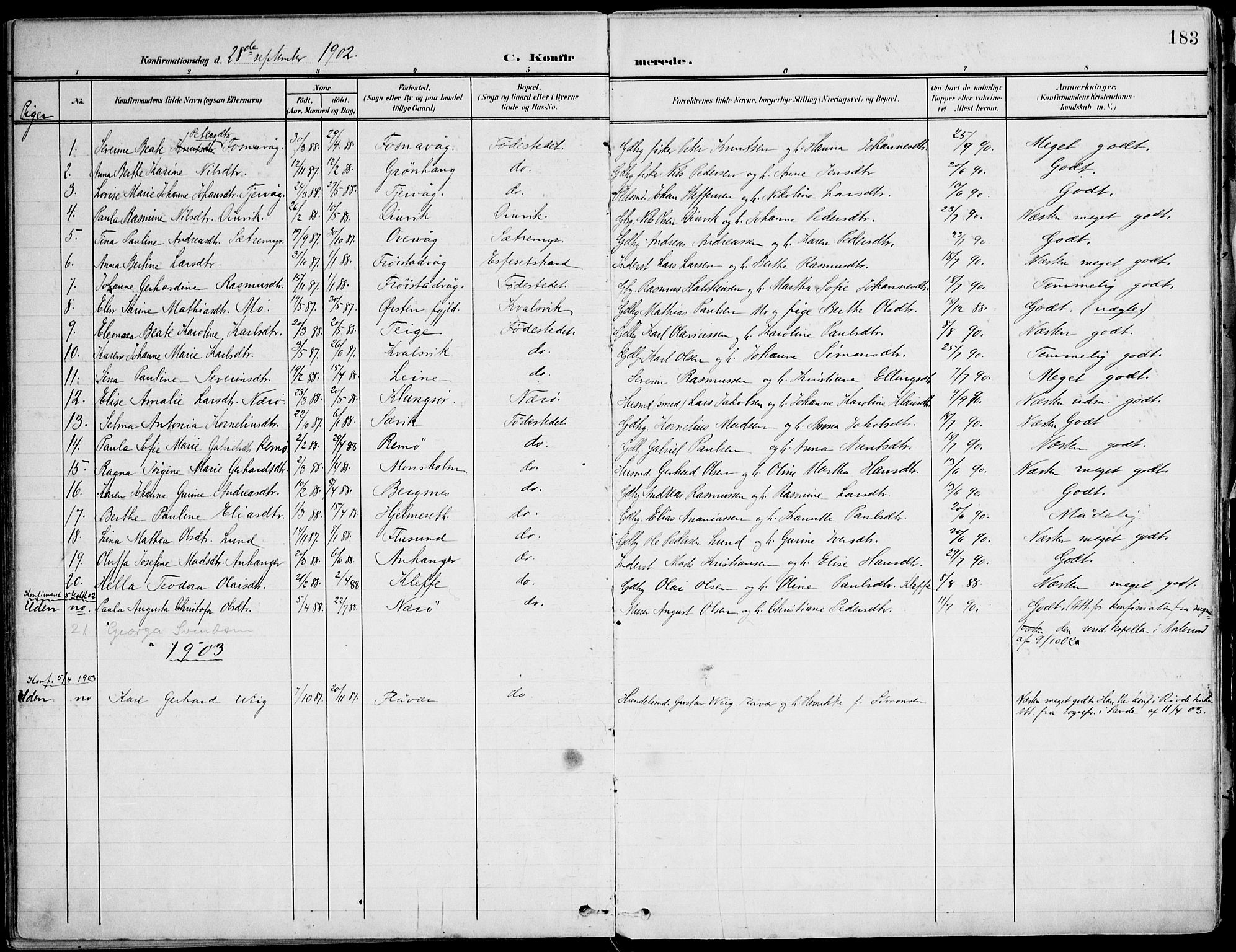 Ministerialprotokoller, klokkerbøker og fødselsregistre - Møre og Romsdal, SAT/A-1454/507/L0075: Parish register (official) no. 507A10, 1901-1920, p. 183