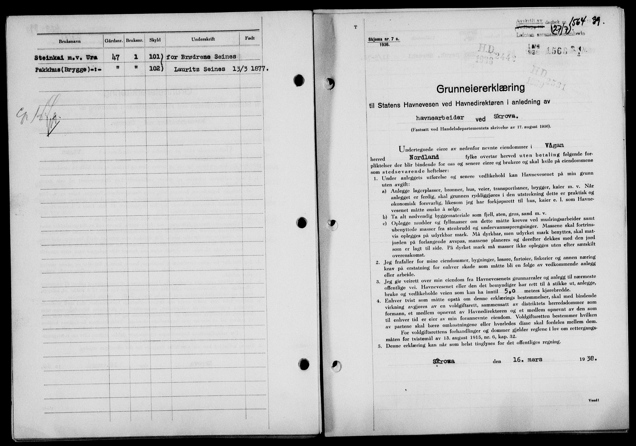 Lofoten sorenskriveri, SAT/A-0017/1/2/2C/L0006a: Mortgage book no. 6a, 1939-1939, Diary no: : 1564/1939