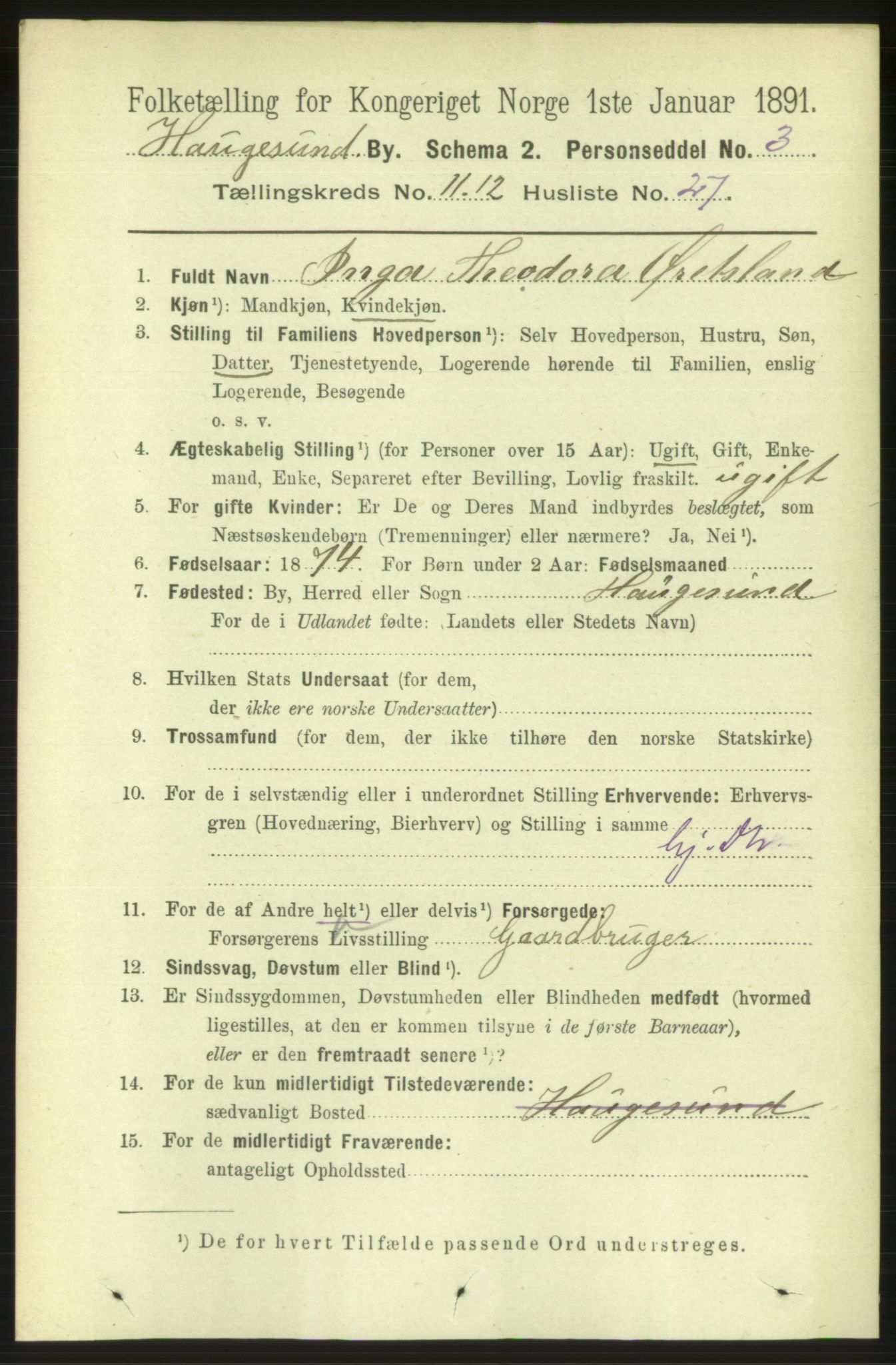 RA, 1891 census for 1106 Haugesund, 1891, p. 4287