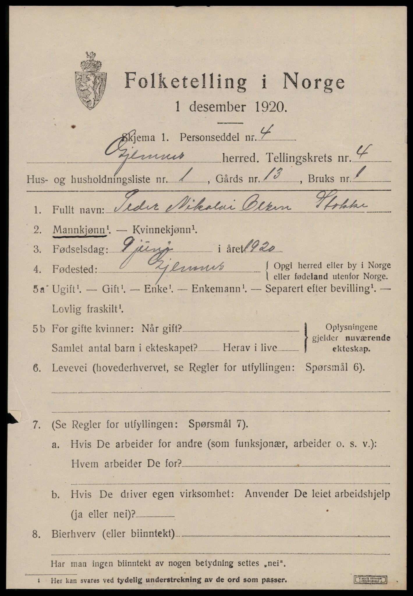 SAT, 1920 census for Gjemnes, 1920, p. 1594