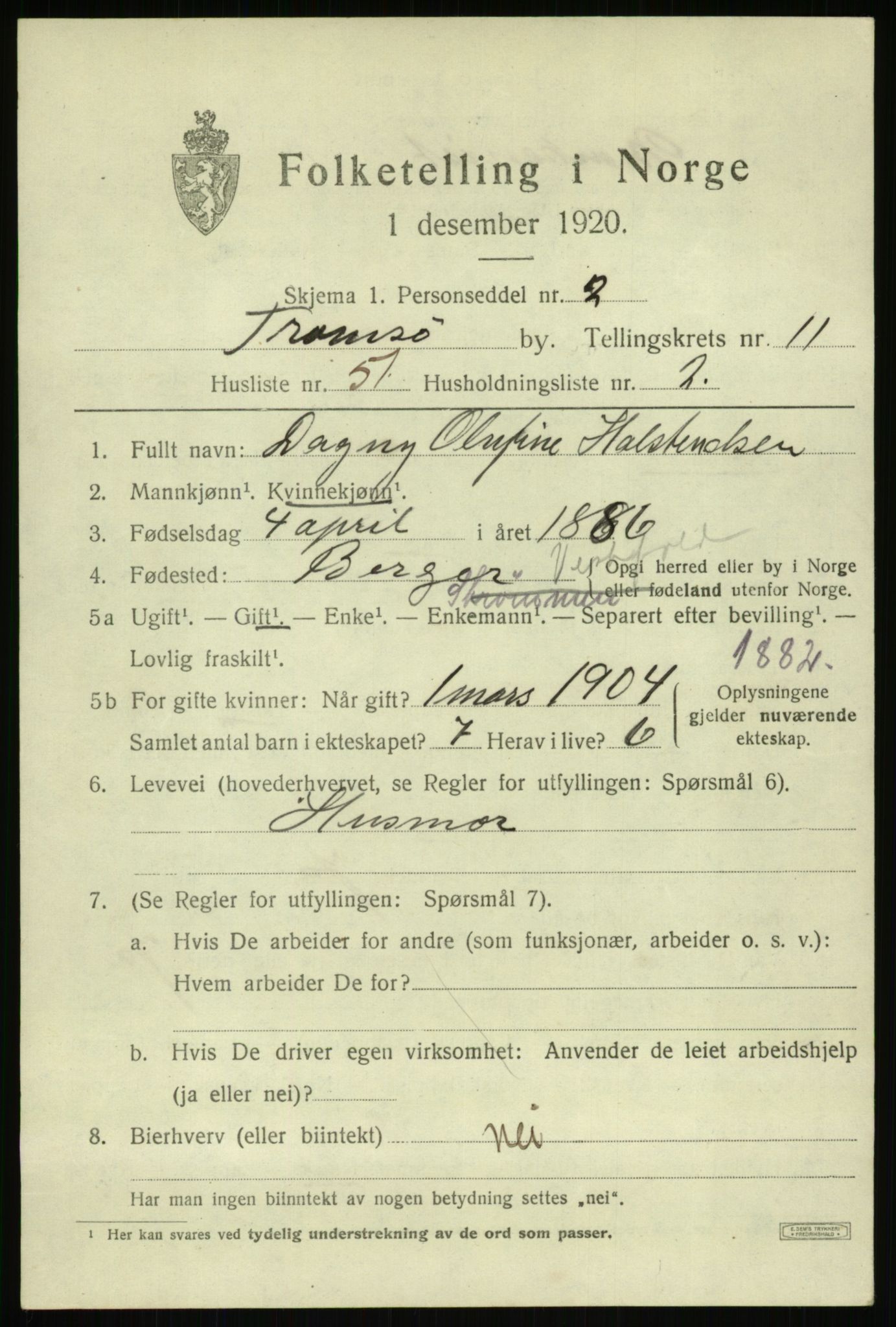 SATØ, 1920 census for Tromsø, 1920, p. 23039