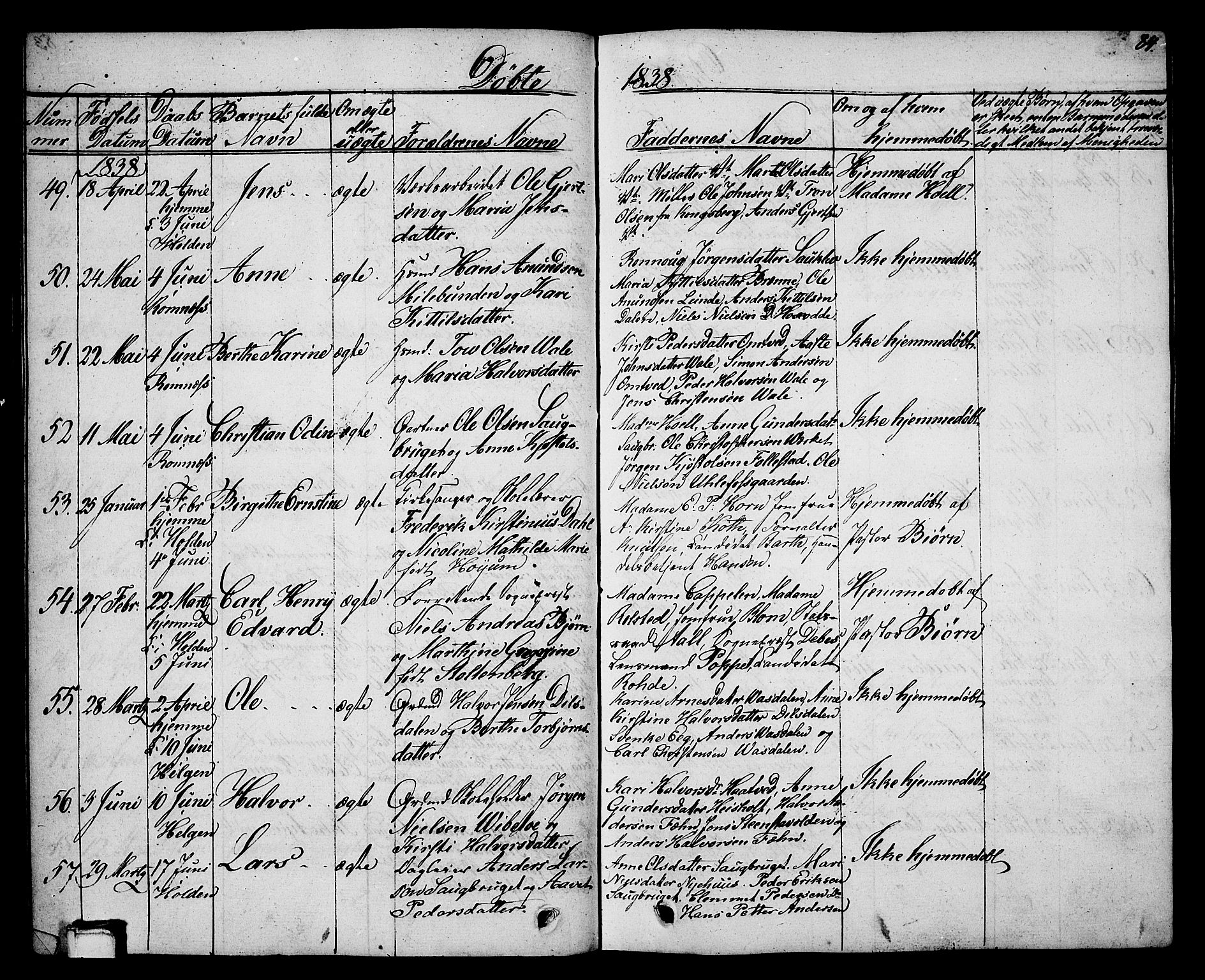 Holla kirkebøker, SAKO/A-272/G/Ga/L0002: Parish register (copy) no. I 2, 1830-1848, p. 84