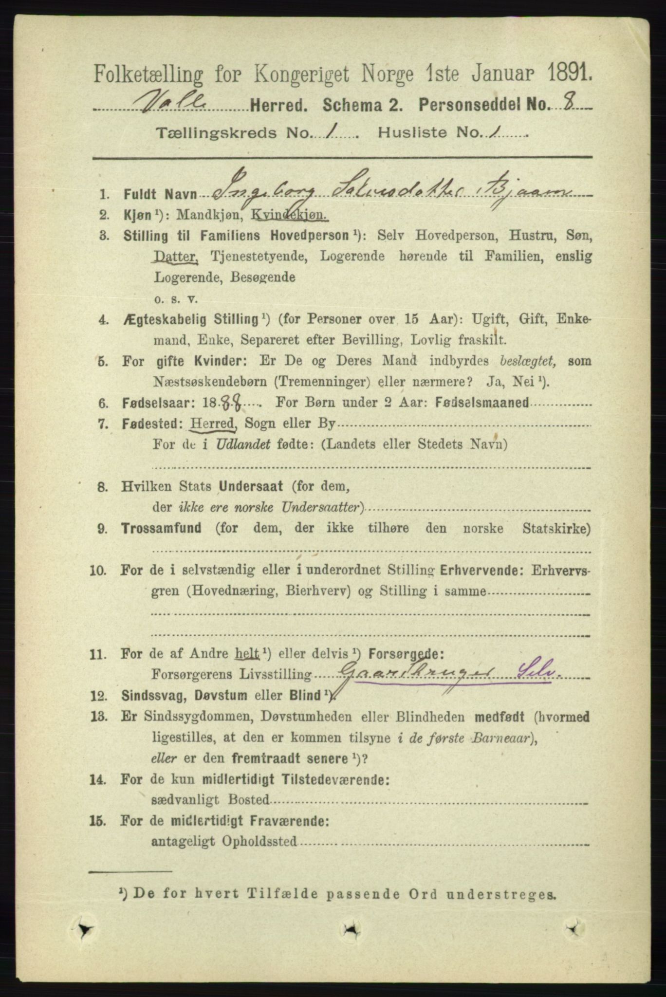 RA, 1891 census for 0940 Valle, 1891, p. 72