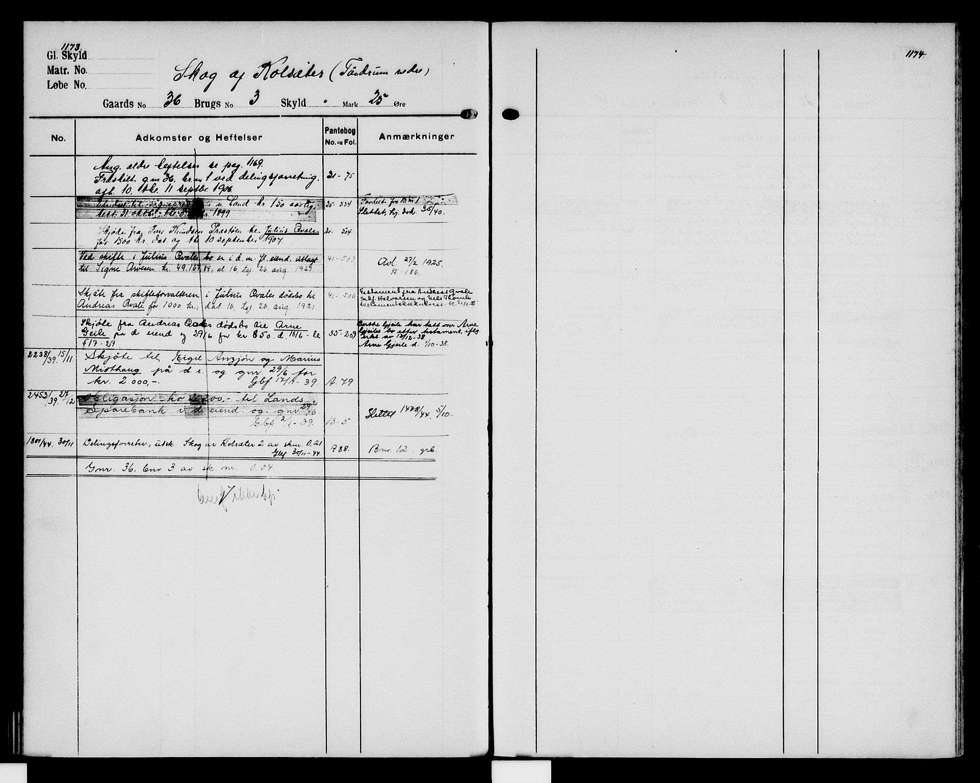 Hadeland og Land tingrett, SAH/TING-010/H/Ha/Hac/L0019: Mortgage register no. 3.19, 1906-1951, p. 1173-1174