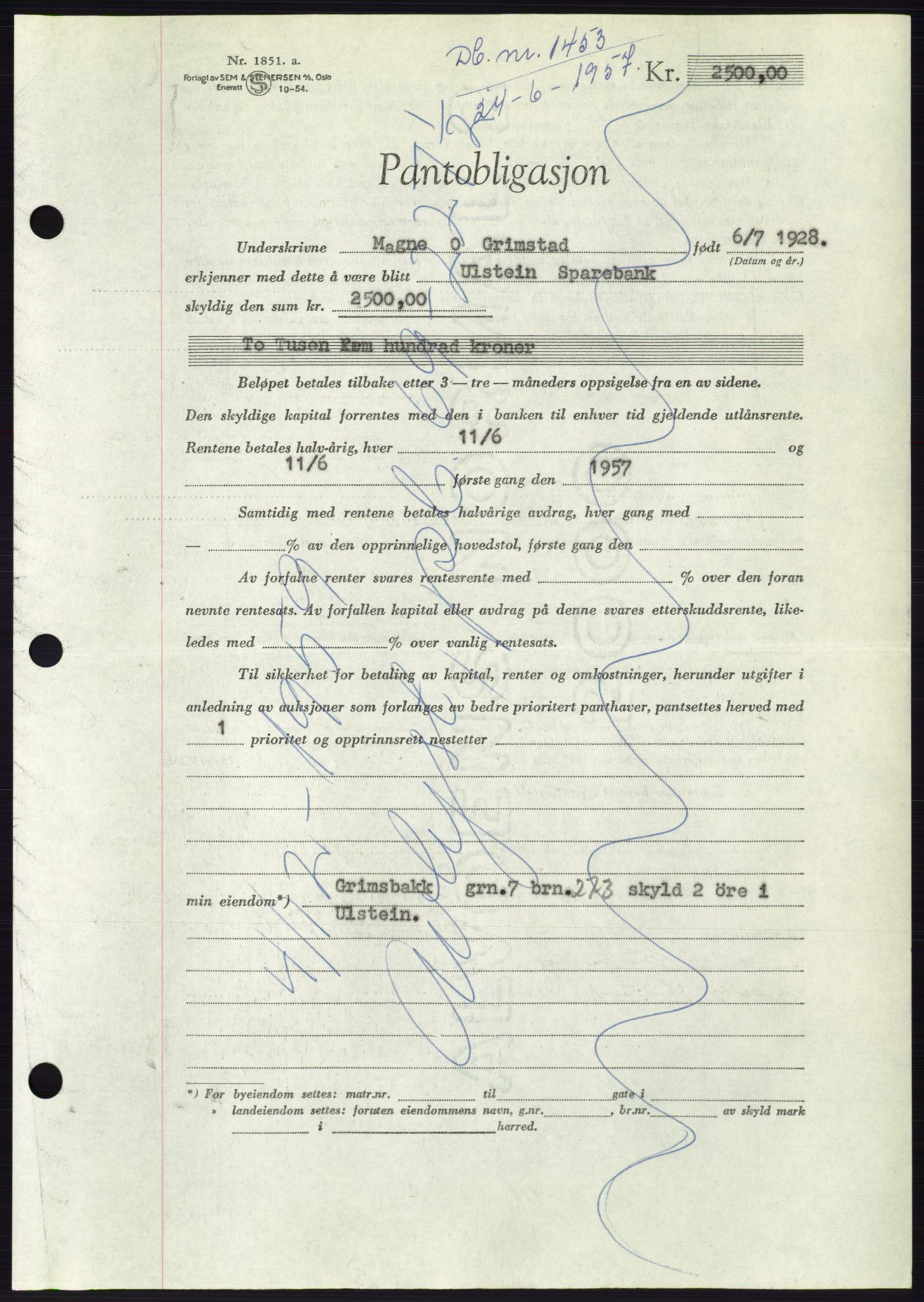 Søre Sunnmøre sorenskriveri, AV/SAT-A-4122/1/2/2C/L0130: Mortgage book no. 18B, 1957-1958, Diary no: : 1453/1957