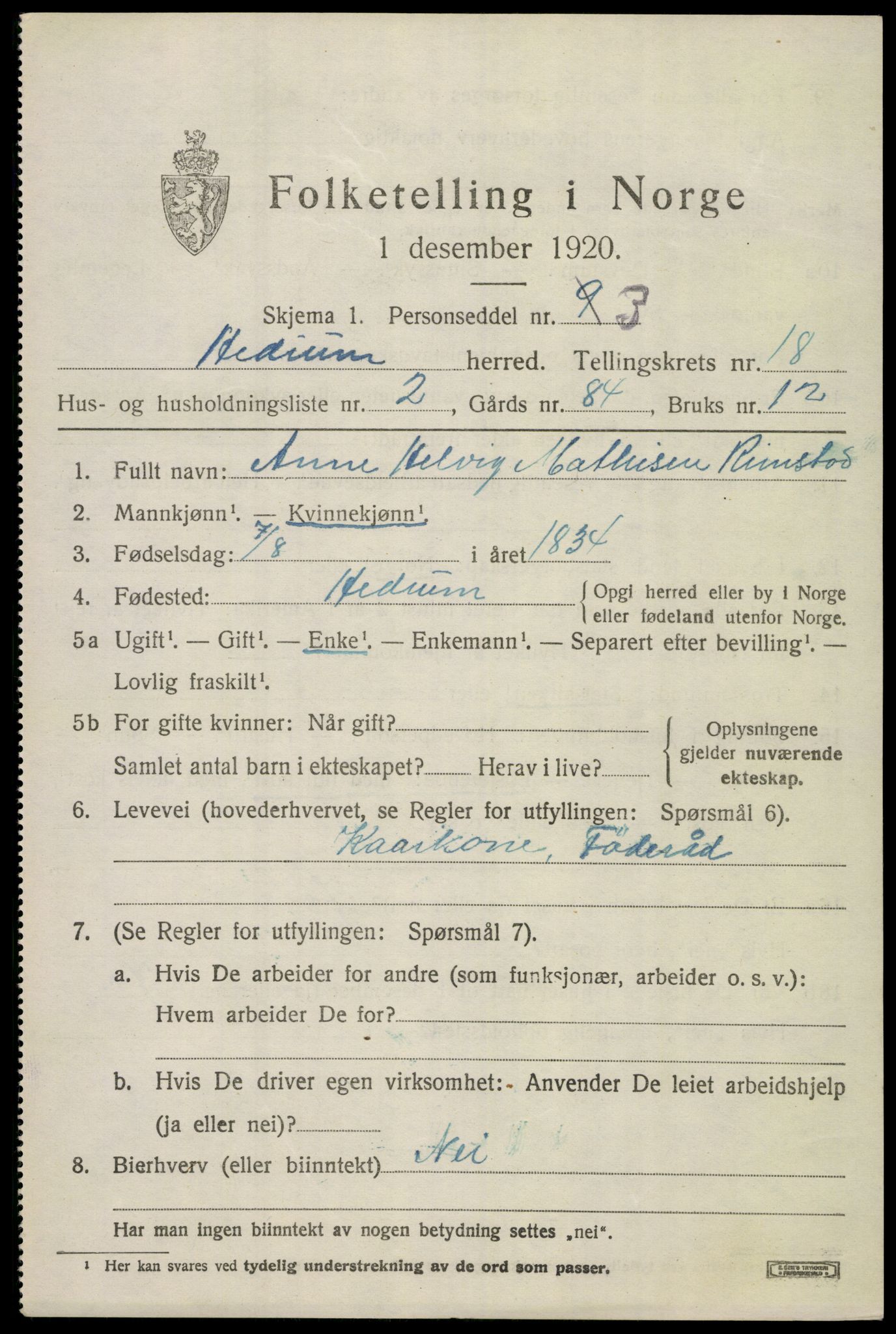 SAKO, 1920 census for Hedrum, 1920, p. 10813
