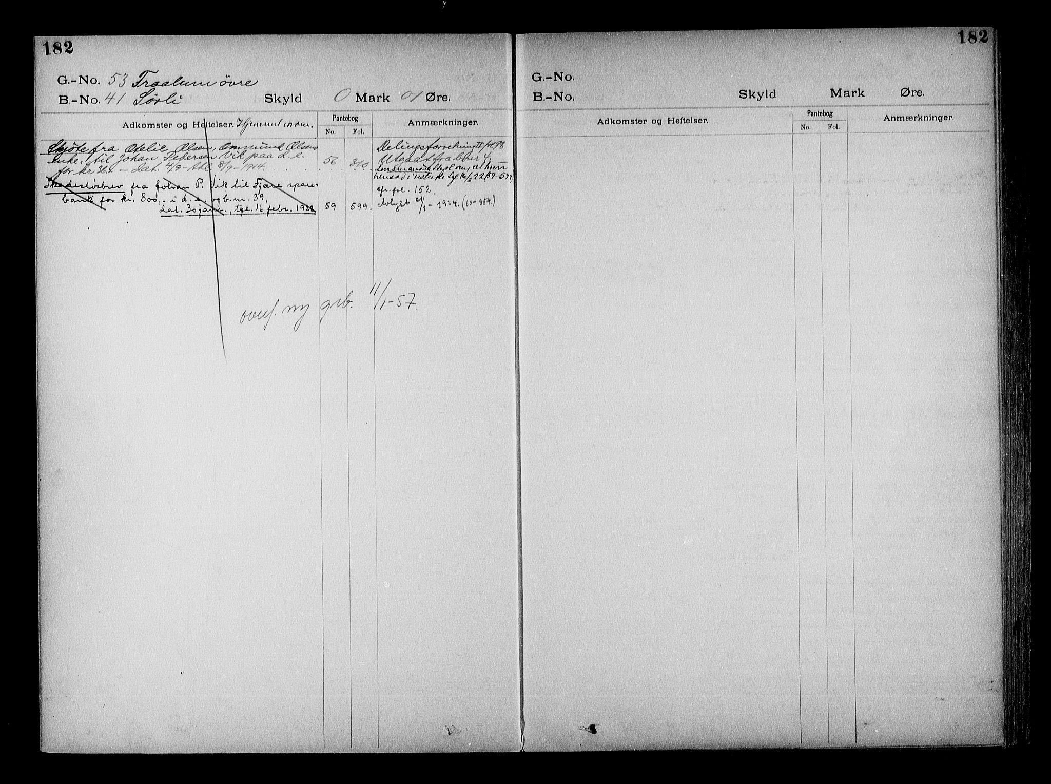 Vestre Nedenes/Sand sorenskriveri, SAK/1221-0010/G/Ga/L0022: Mortgage register no. 15, 1899-1957, p. 182
