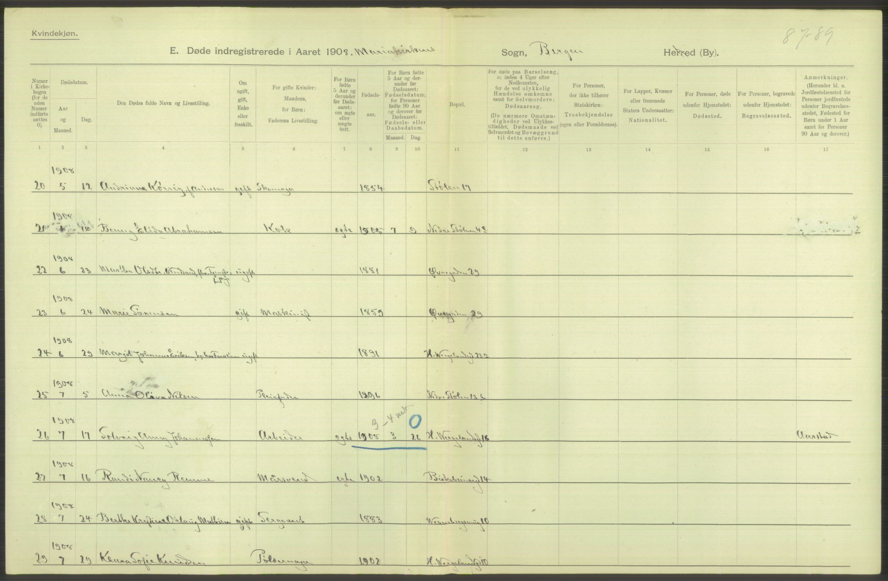 Statistisk sentralbyrå, Sosiodemografiske emner, Befolkning, AV/RA-S-2228/D/Df/Dfa/Dfaf/L0031: Bergen: Gifte, døde, dødfødte., 1908, p. 76