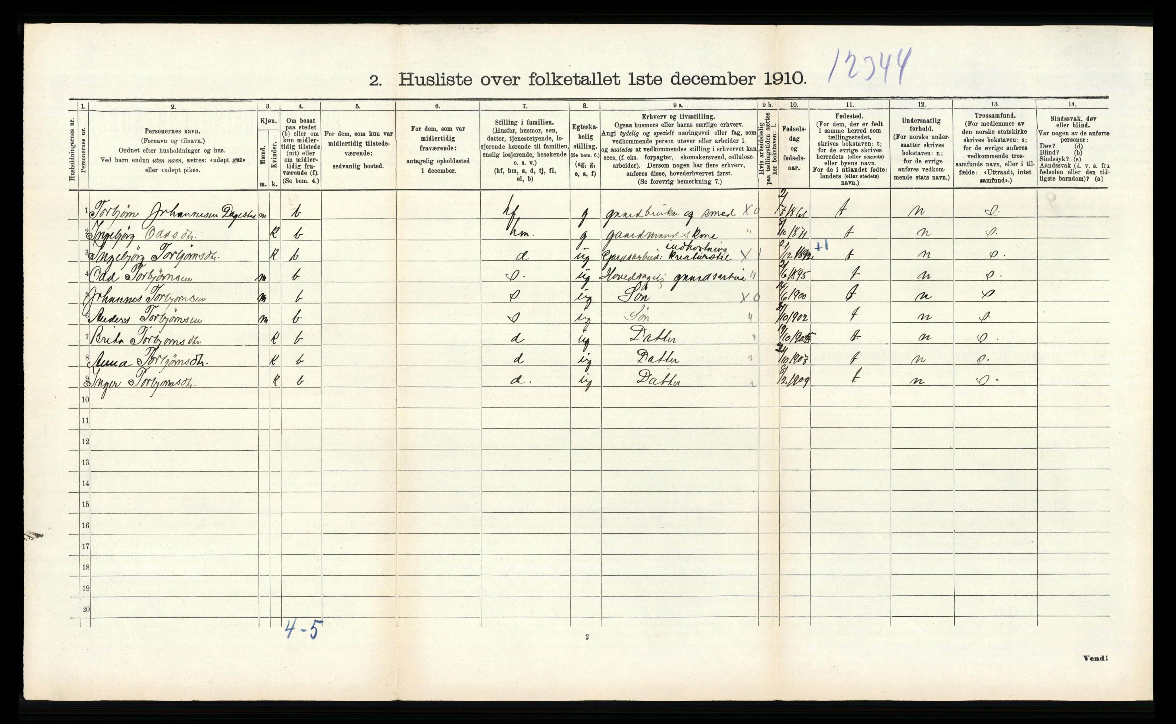 RA, 1910 census for Vossestrand, 1910, p. 352