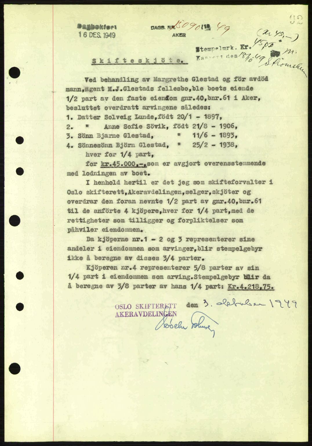 Oslo byskriverembete, AV/SAO-A-10227/G/Gb/Gbd/Gbda/L0017: Mortgage book no. A215, 1949-1950, Diary no: : 15090/1949