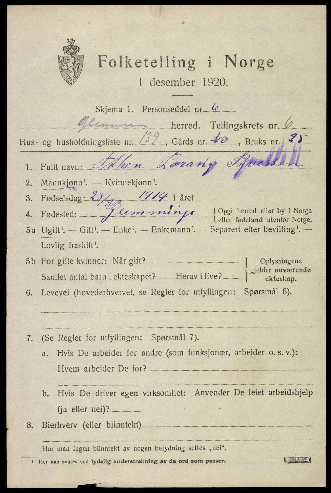 SAO, 1920 census for Glemmen, 1920, p. 21049